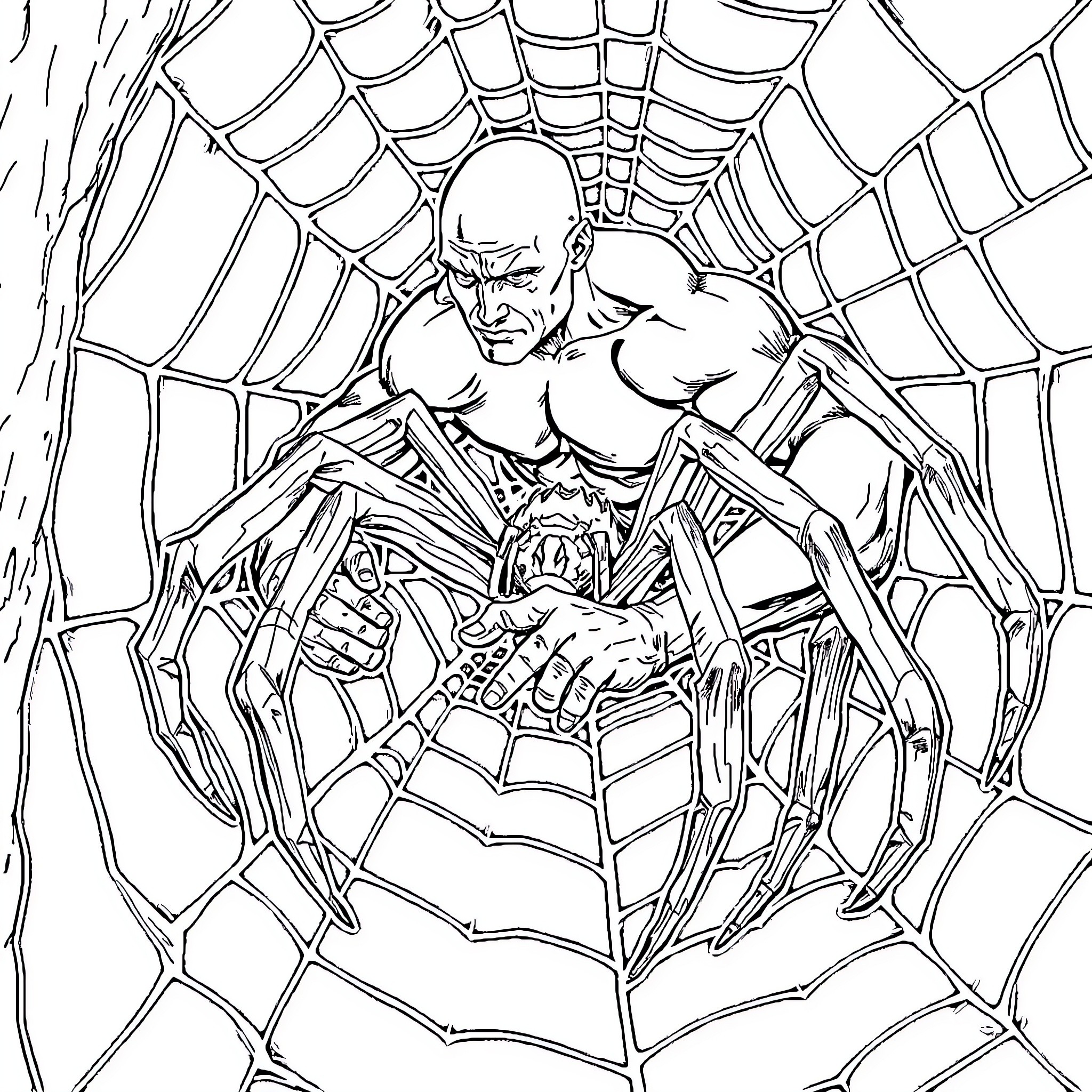 Dwayne Johnson as a formidable spider-like character Coloring Page (free black-and-white line drawing printable PDF for all, from beginners to advanced learners, including children, teens, adults, and seniors)
