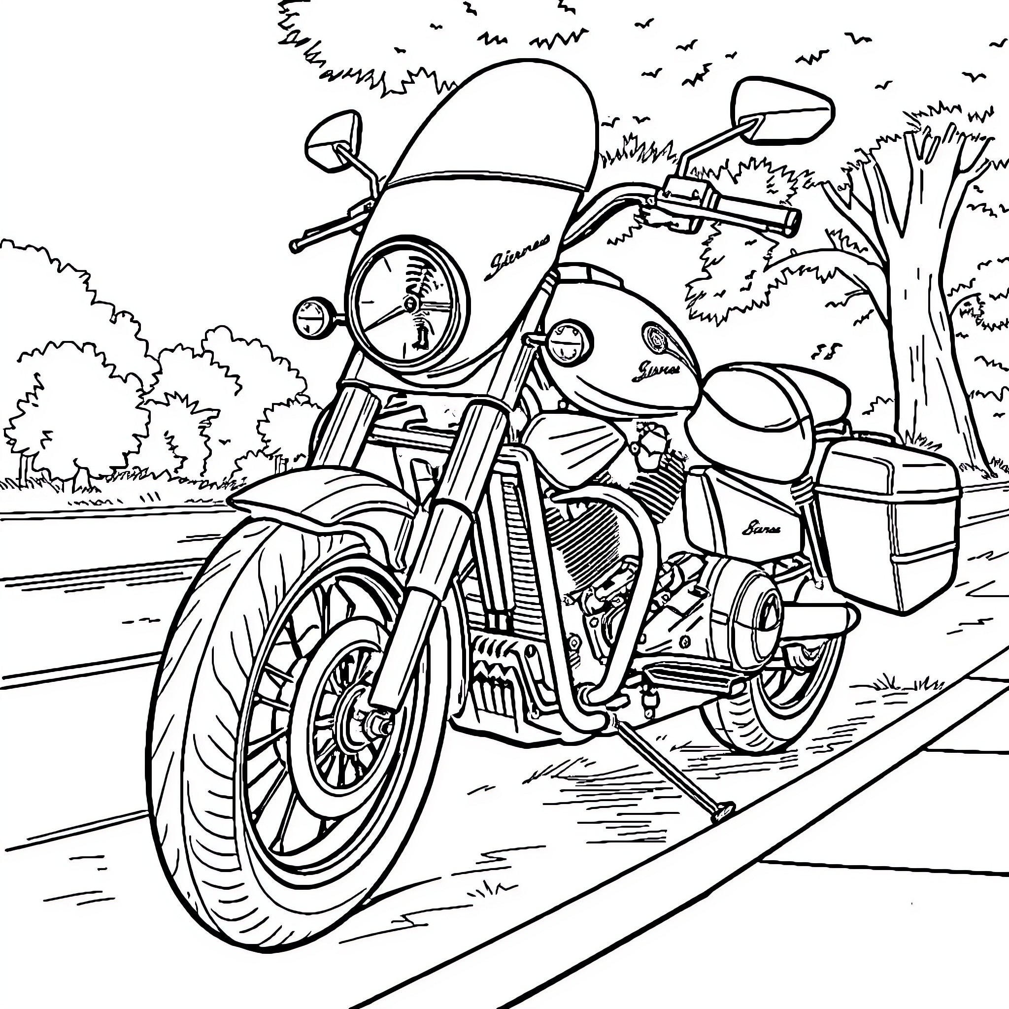 Moto Cruiser on the Open Road Coloring Page (free black-and-white line drawing printable PDF for all, from beginners to advanced learners, including children, teens, adults, and seniors)