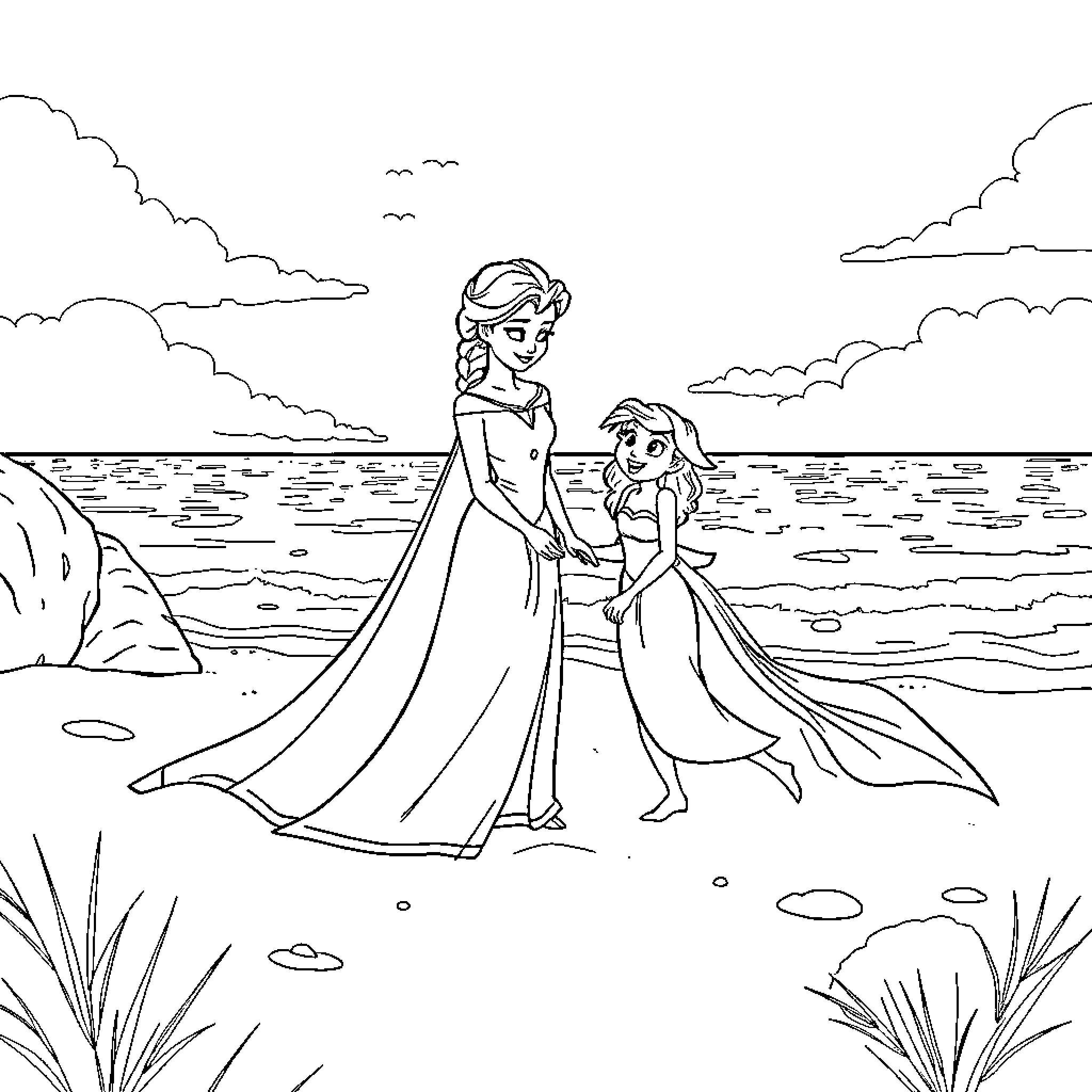 Ariel enjoying a peaceful moment by the ocean Coloring Page (free black-and-white line drawing printable PDF for all, from beginners to advanced learners, including children, teens, adults, and seniors)