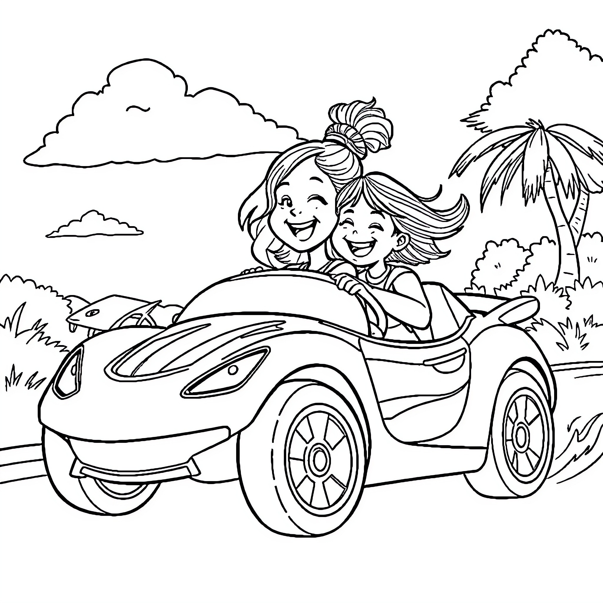 Girls enjoying a car ride through nature Coloring Page (free black-and-white line drawing printable PDF for all, from beginners to advanced learners, including children, teens, adults, and seniors)
