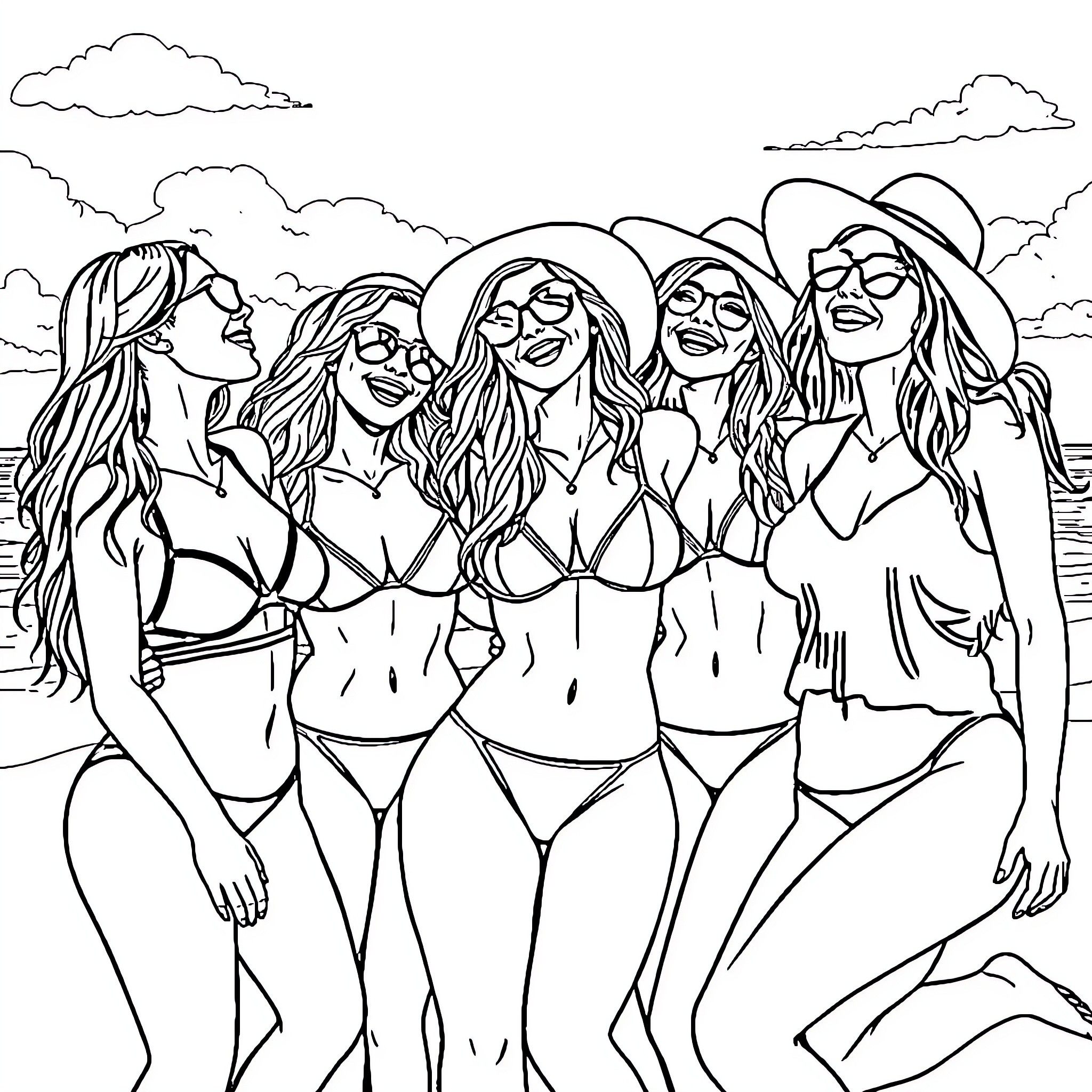 Girls on the beach enjoying the sun Coloring Page (free black-and-white line drawing printable PDF for all, from beginners to advanced learners, including children, teens, adults, and seniors)