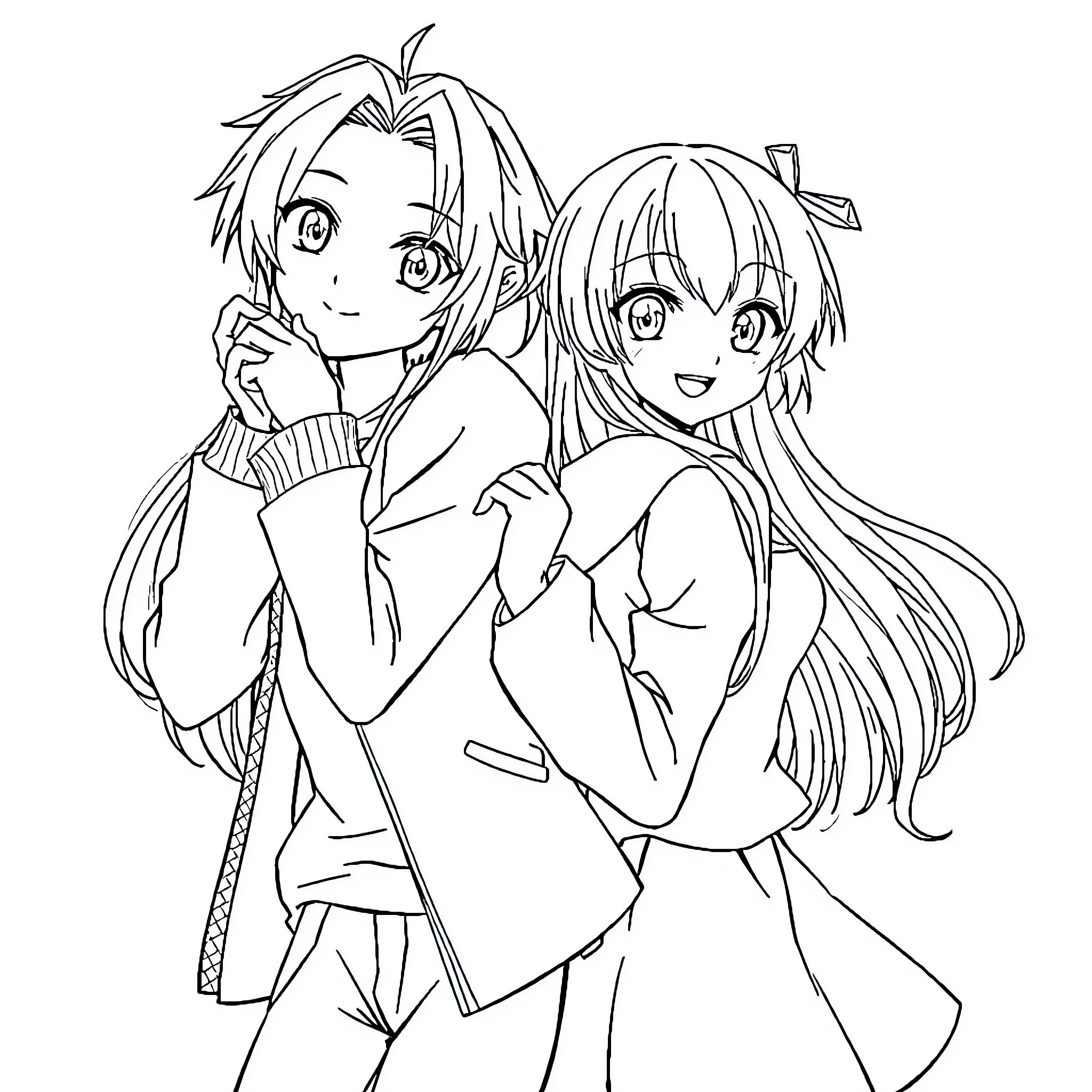 Anamai - Cheerful Anime Couple Embracing Coloring Page (free black-and-white line drawing printable PDF for all, from beginners to advanced learners, including children, teens, adults, and seniors)