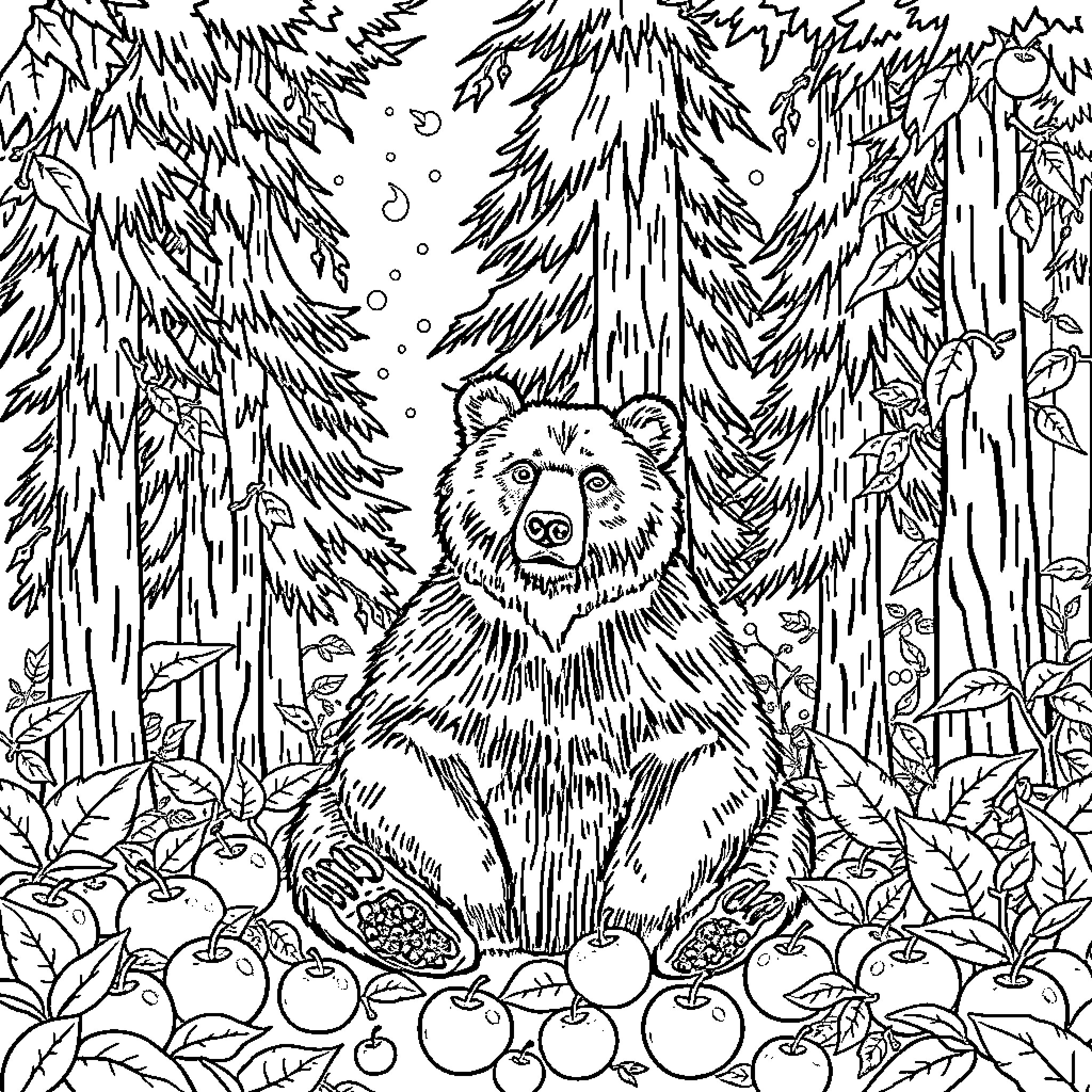 Bear resting in the lush forest Coloring Page (free black-and-white line drawing printable PDF for all, from beginners to advanced learners, including children, teens, adults, and seniors)