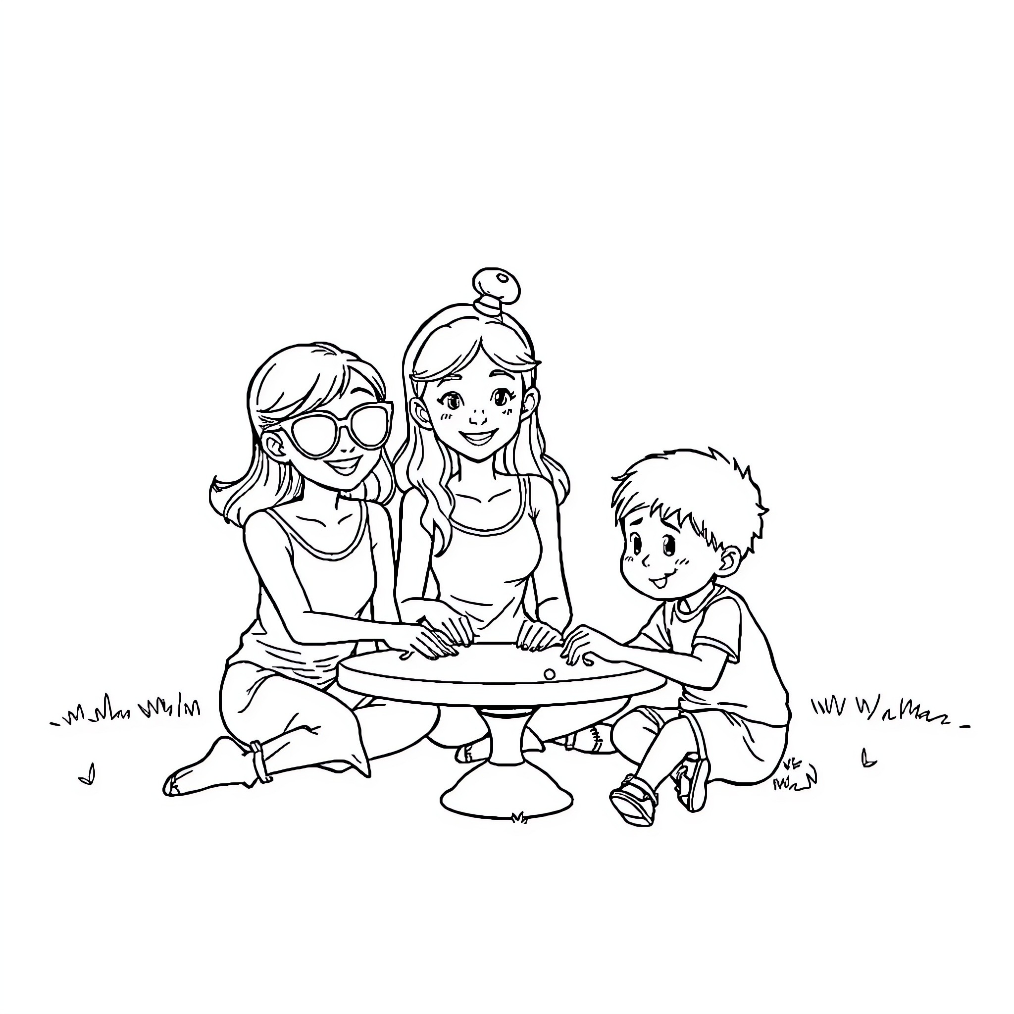 Child Sharing Dessert with Friends Coloring Page (free black-and-white line drawing printable PDF for all, from beginners to advanced learners, including children, teens, adults, and seniors)