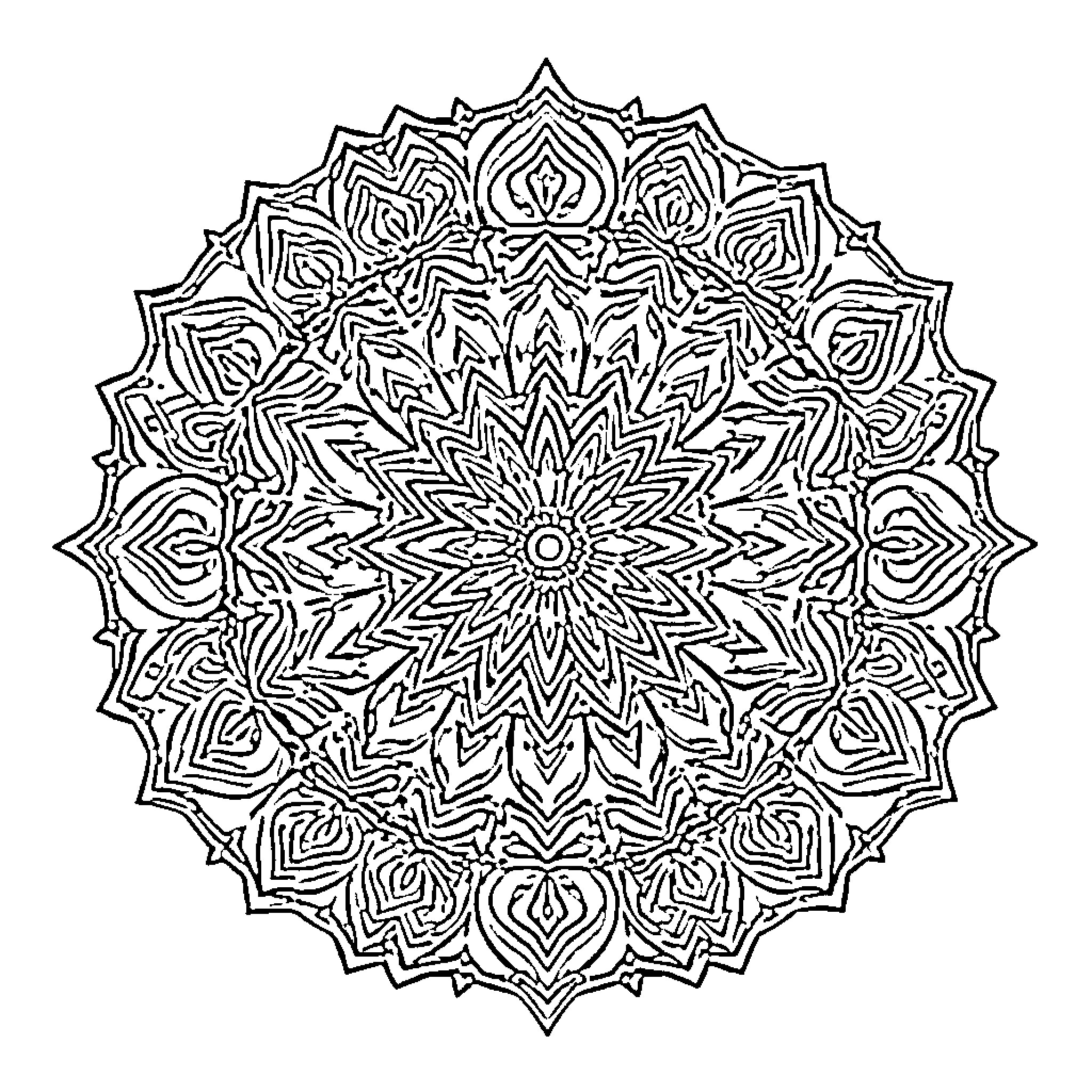 Mandala with intricate geometric patterns Coloring Page (free black-and-white line drawing printable PDF for all, from beginners to advanced learners, including children, teens, adults, and seniors)