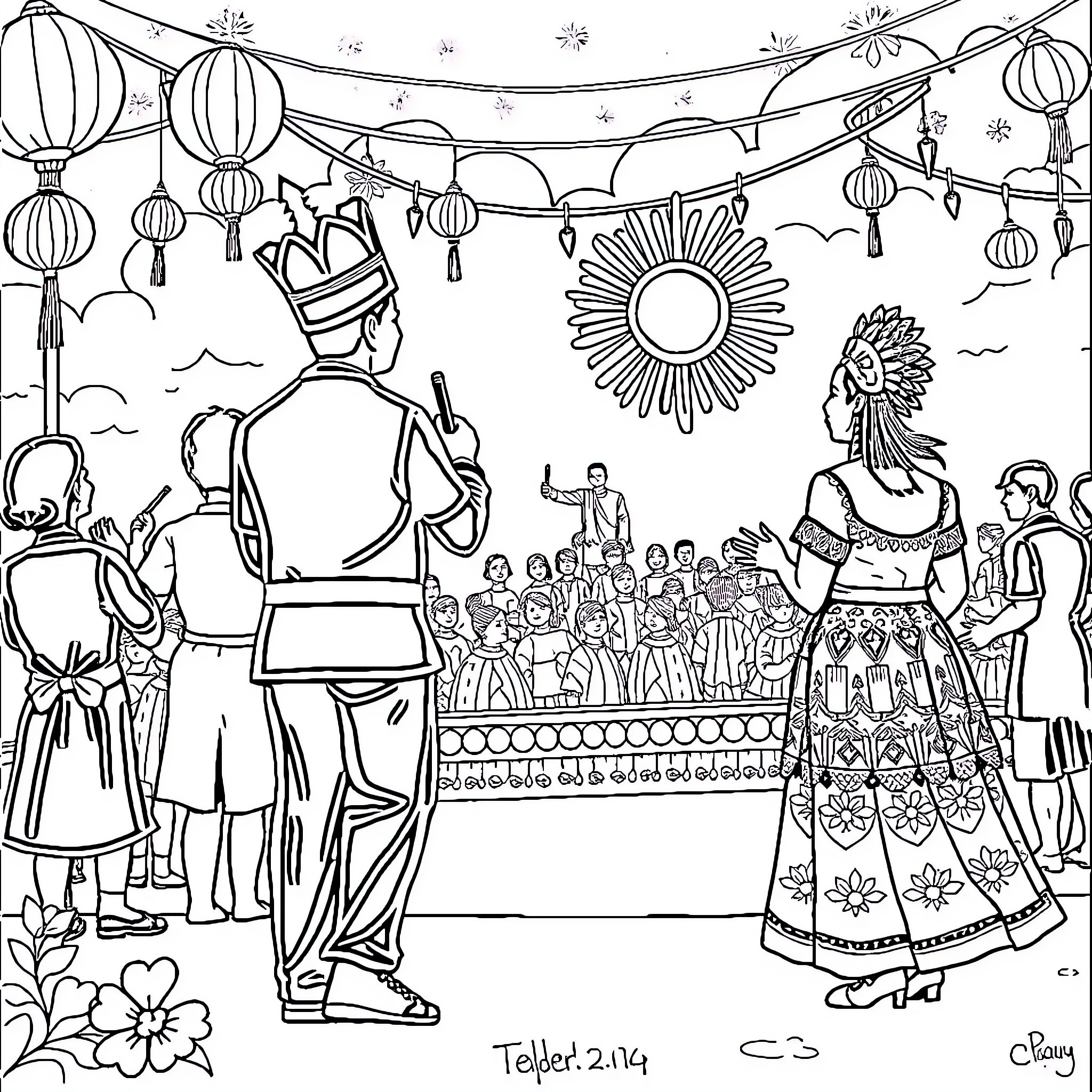 Buwan Festival Celebration with Lanterns and Dancers Coloring Page (free black-and-white line drawing printable PDF for all, from beginners to advanced learners, including children, teens, adults, and seniors)