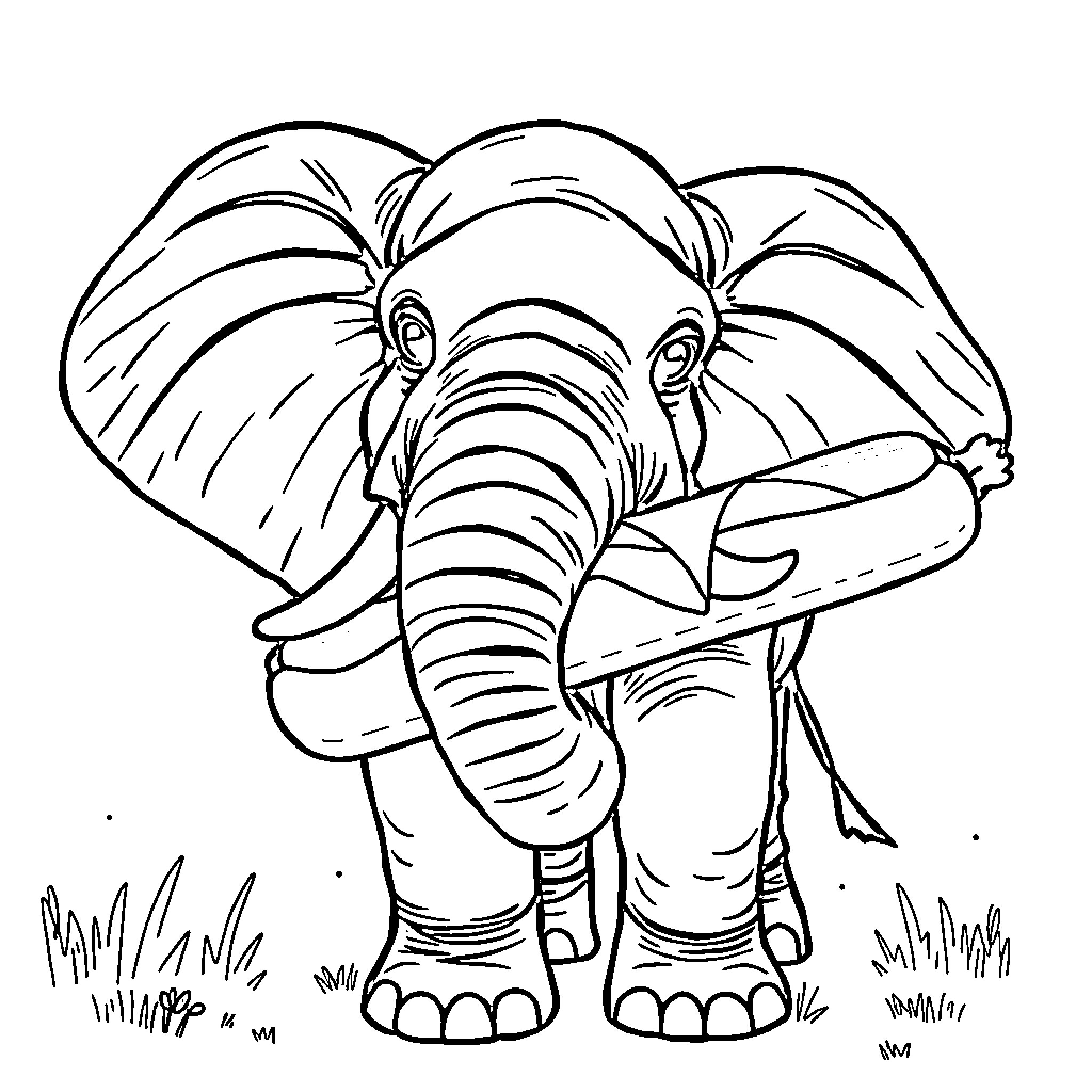 Elephant standing in a field Coloring Page (free black-and-white line drawing printable PDF for all, from beginners to advanced learners, including children, teens, adults, and seniors)