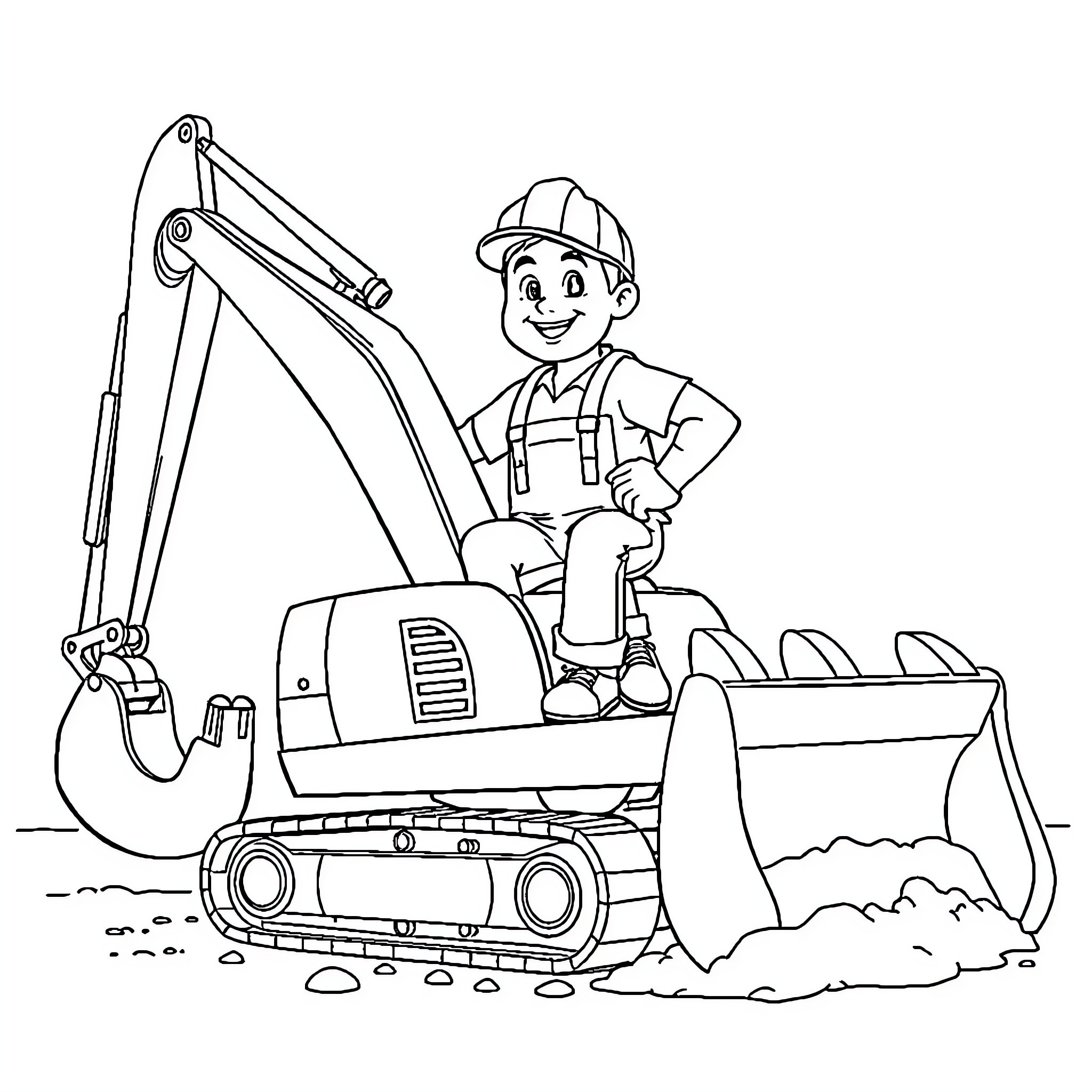 Excavator operator at work on construction site Coloring Page (free black-and-white line drawing printable PDF for all, from beginners to advanced learners, including children, teens, adults, and seniors)