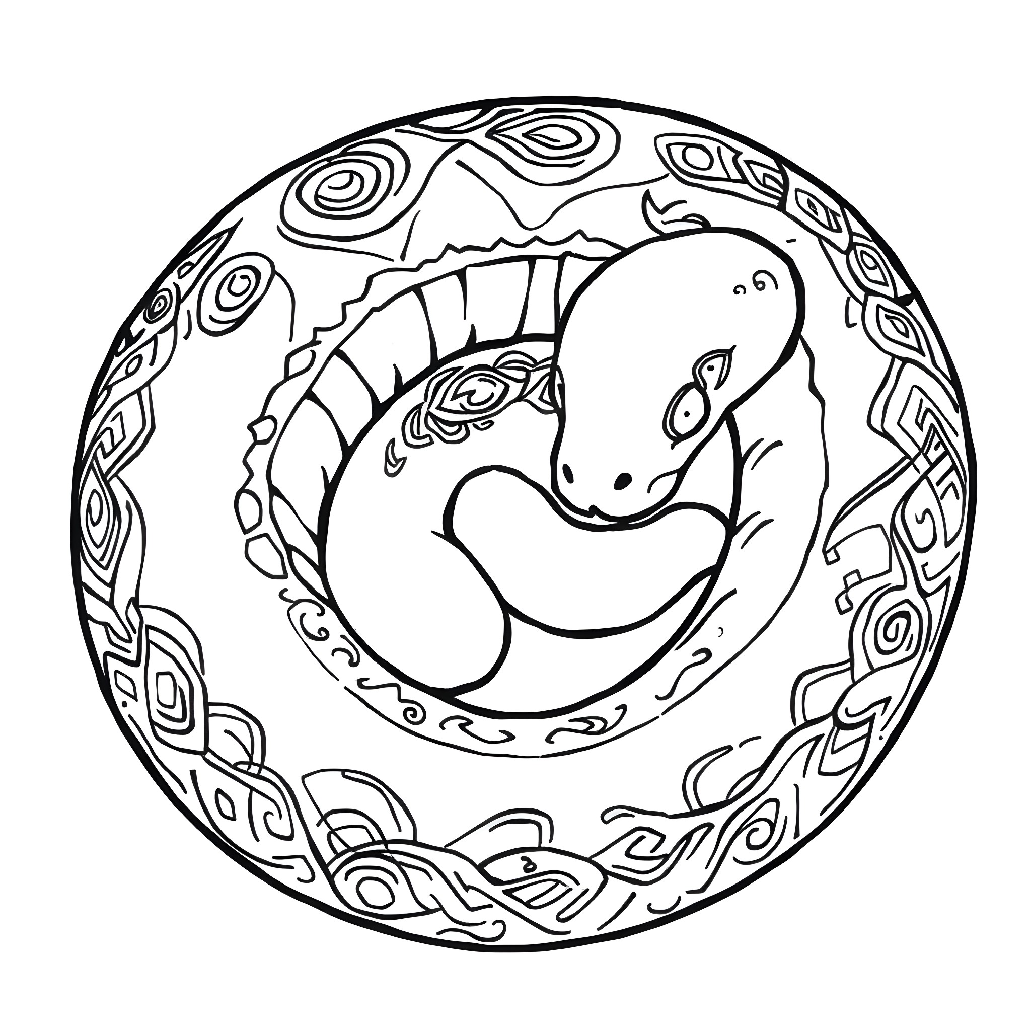 Snake coiled in a round mandala design Coloring Page (free black-and-white line drawing printable PDF for all, from beginners to advanced learners, including children, teens, adults, and seniors)