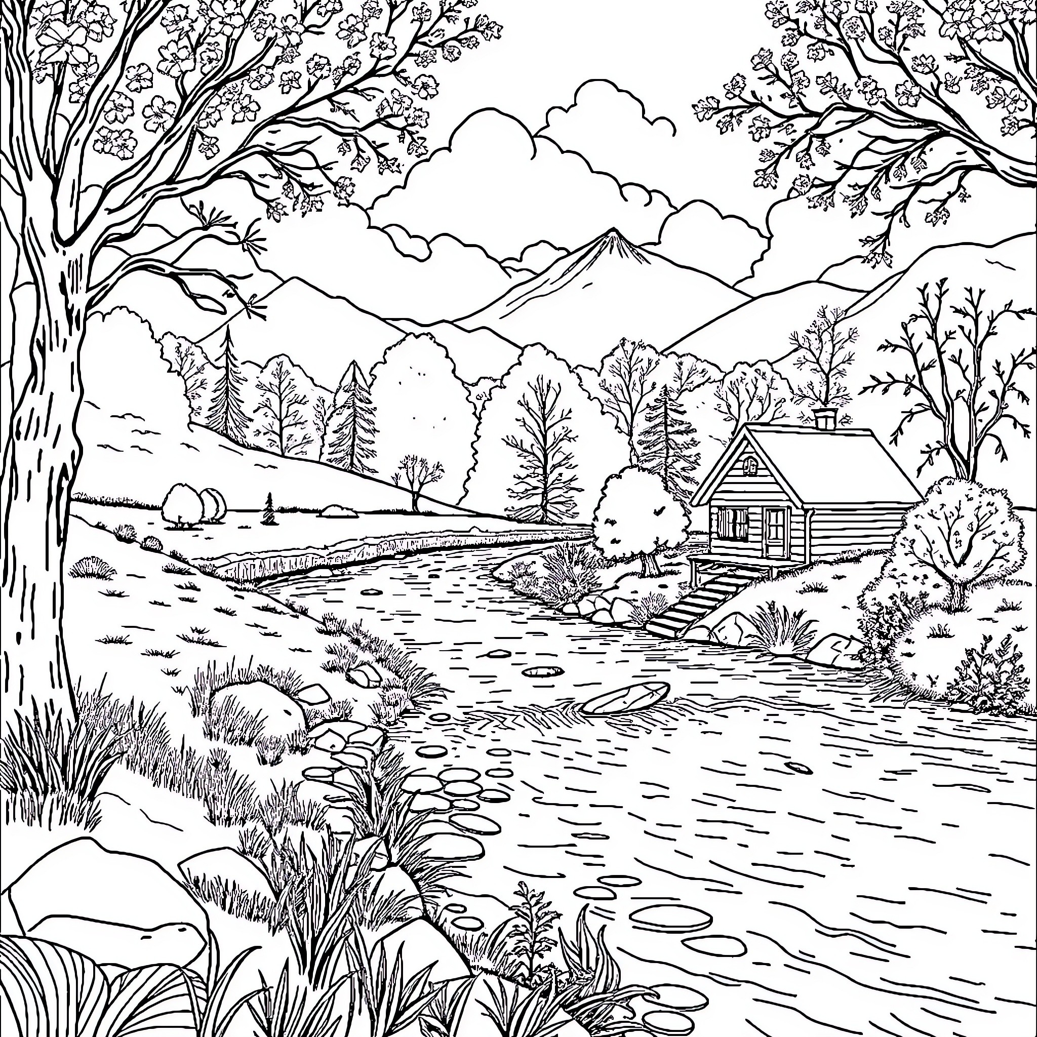 Nature's Tranquil Landscape: A Cabin, River, and Mountains Coloring Page (free black-and-white line drawing printable PDF for all, from beginners to advanced learners, including children, teens, adults, and seniors)