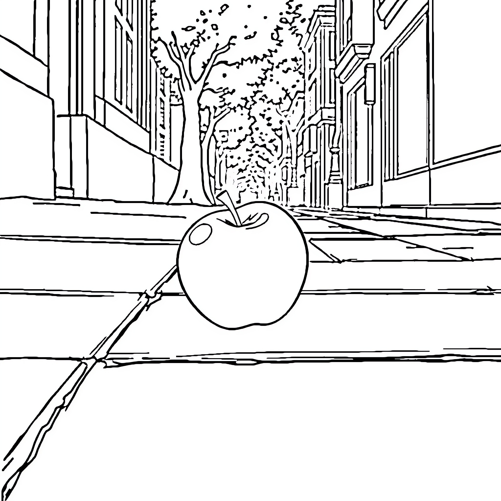 Apple on Street with Passing Cars Coloring Page (free black-and-white line drawing printable PDF for all, from beginners to advanced learners, including children, teens, adults, and seniors)