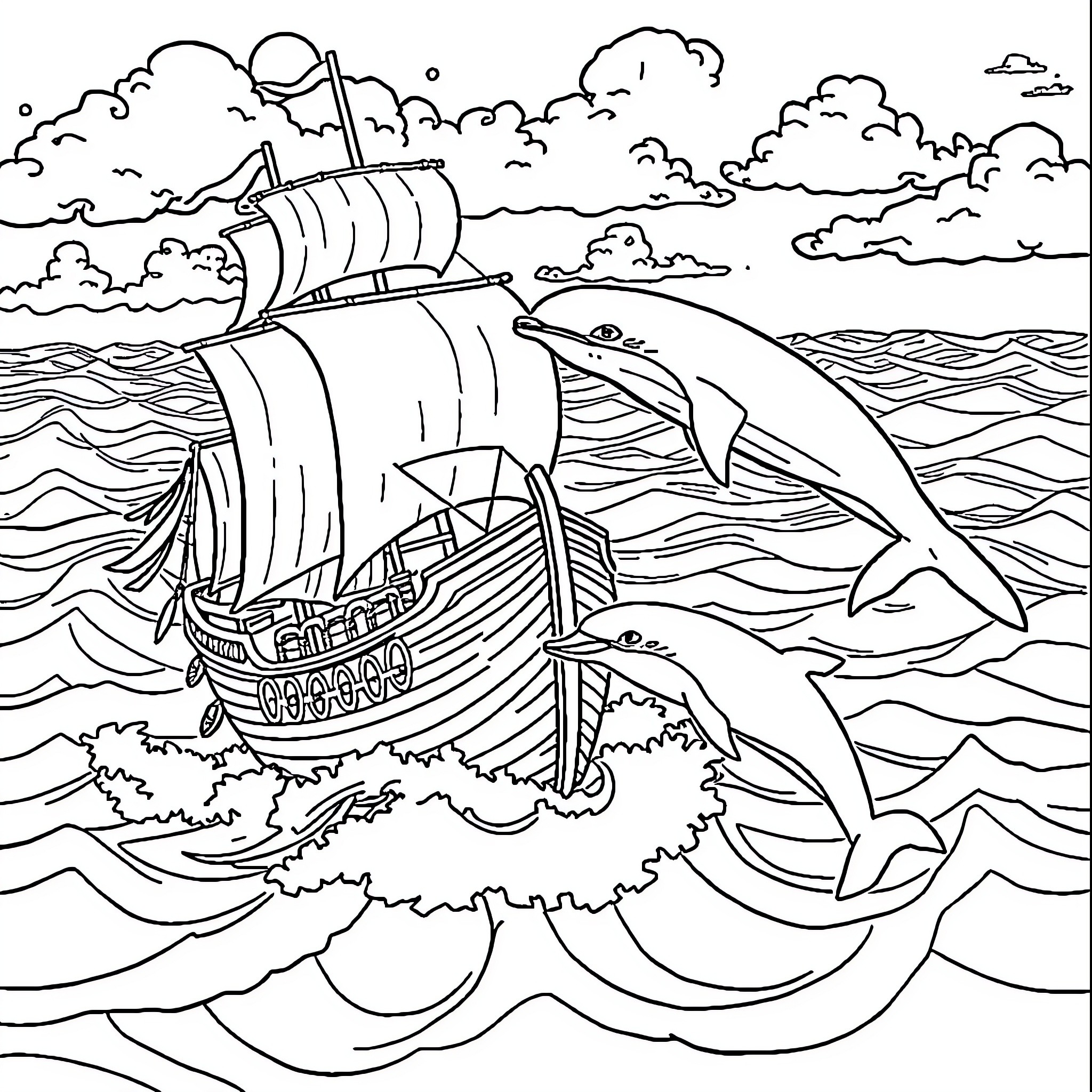 Pirate Ship Sailing Through Stormy Seas with Dolphins Coloring Page (free black-and-white line drawing printable PDF for all, from beginners to advanced learners, including children, teens, adults, and seniors)