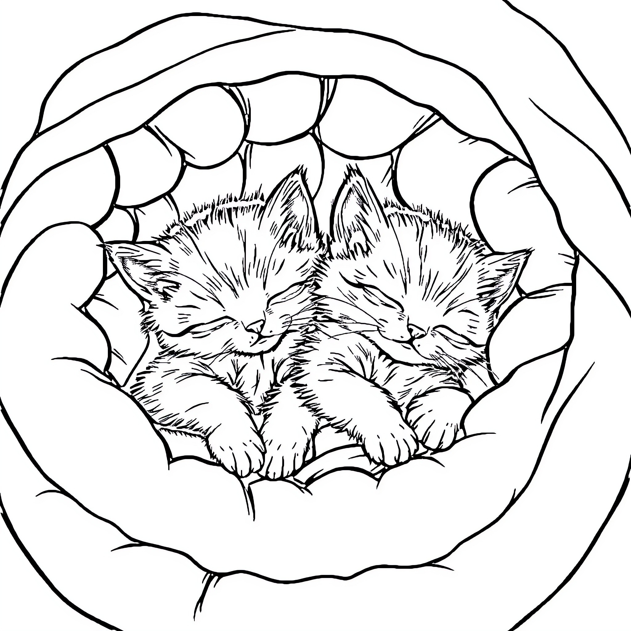 Kittens snuggling in a cozy nest Coloring Page (free black-and-white line drawing printable PDF for all, from beginners to advanced learners, including children, teens, adults, and seniors)