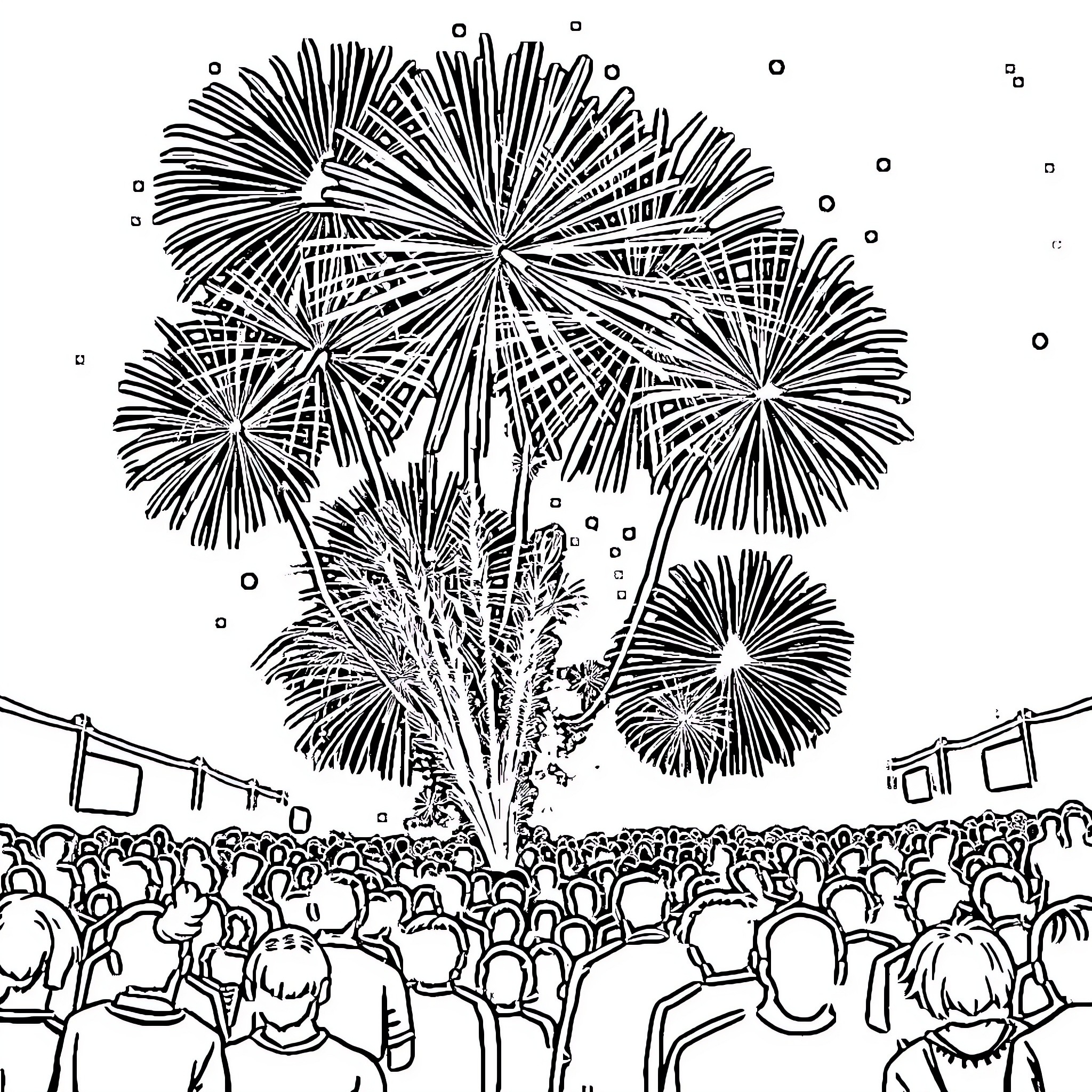 Firework display over a crowded outdoor event Coloring Page (free black-and-white line drawing printable PDF for all, from beginners to advanced learners, including children, teens, adults, and seniors)