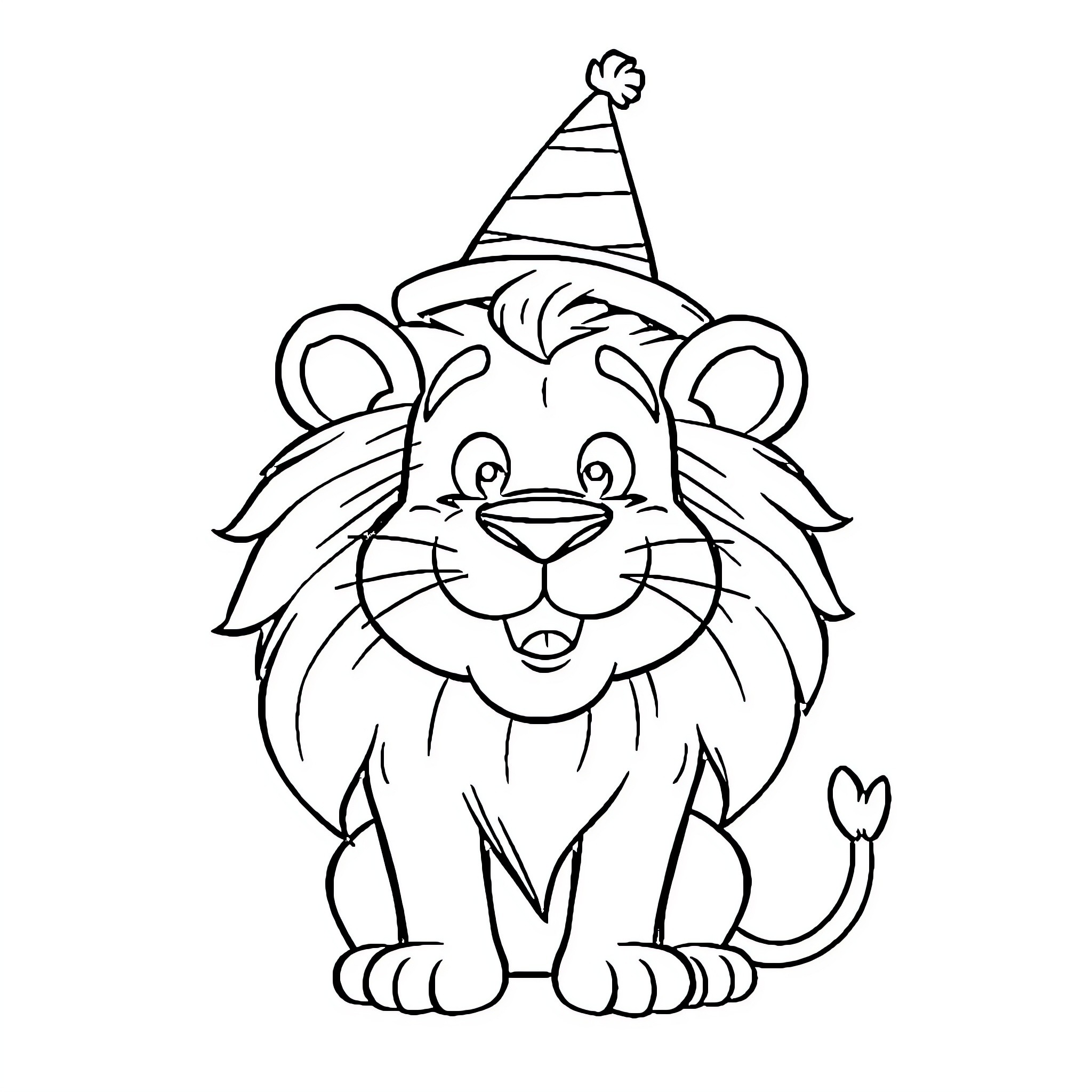 Lion wearing festive party hat Coloring Page (free black-and-white line drawing printable PDF for all, from beginners to advanced learners, including children, teens, adults, and seniors)