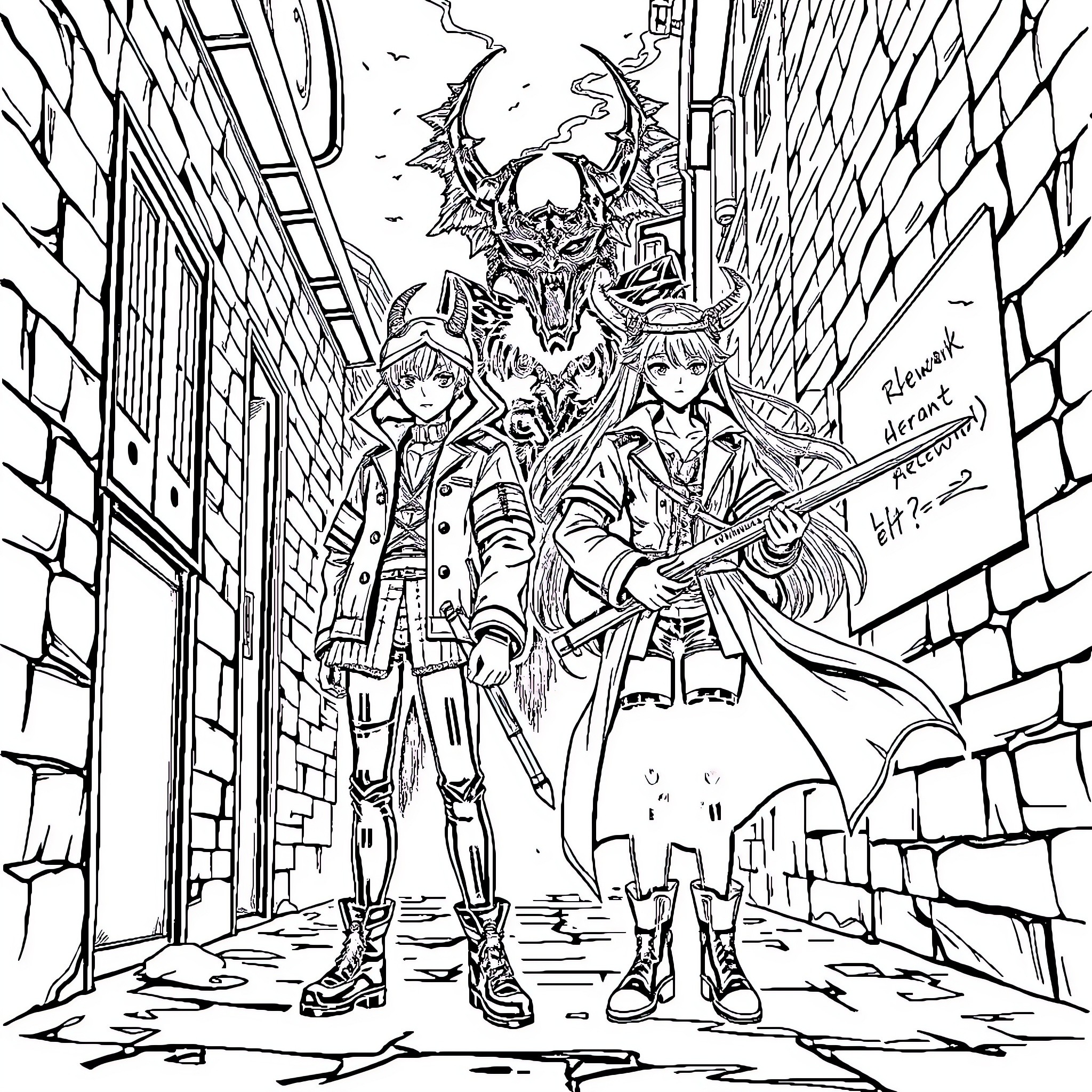 Demon Hunter trio facing a towering demonic entity Coloring Page (free black-and-white line drawing printable PDF for all, from beginners to advanced learners, including children, teens, adults, and seniors)