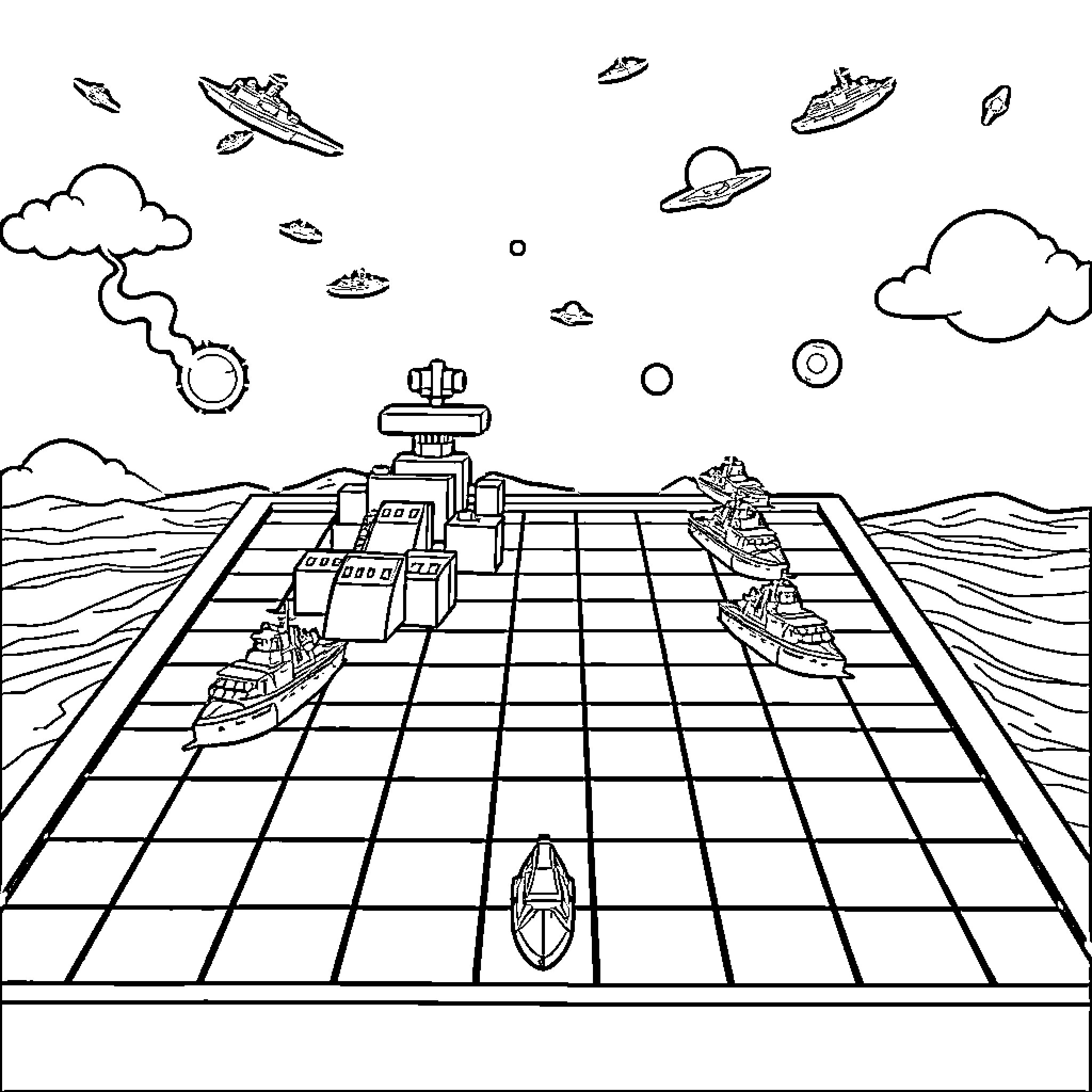 Battleship Conflict Across the Grid Coloring Page (free black-and-white line drawing printable PDF for all, from beginners to advanced learners, including children, teens, adults, and seniors)