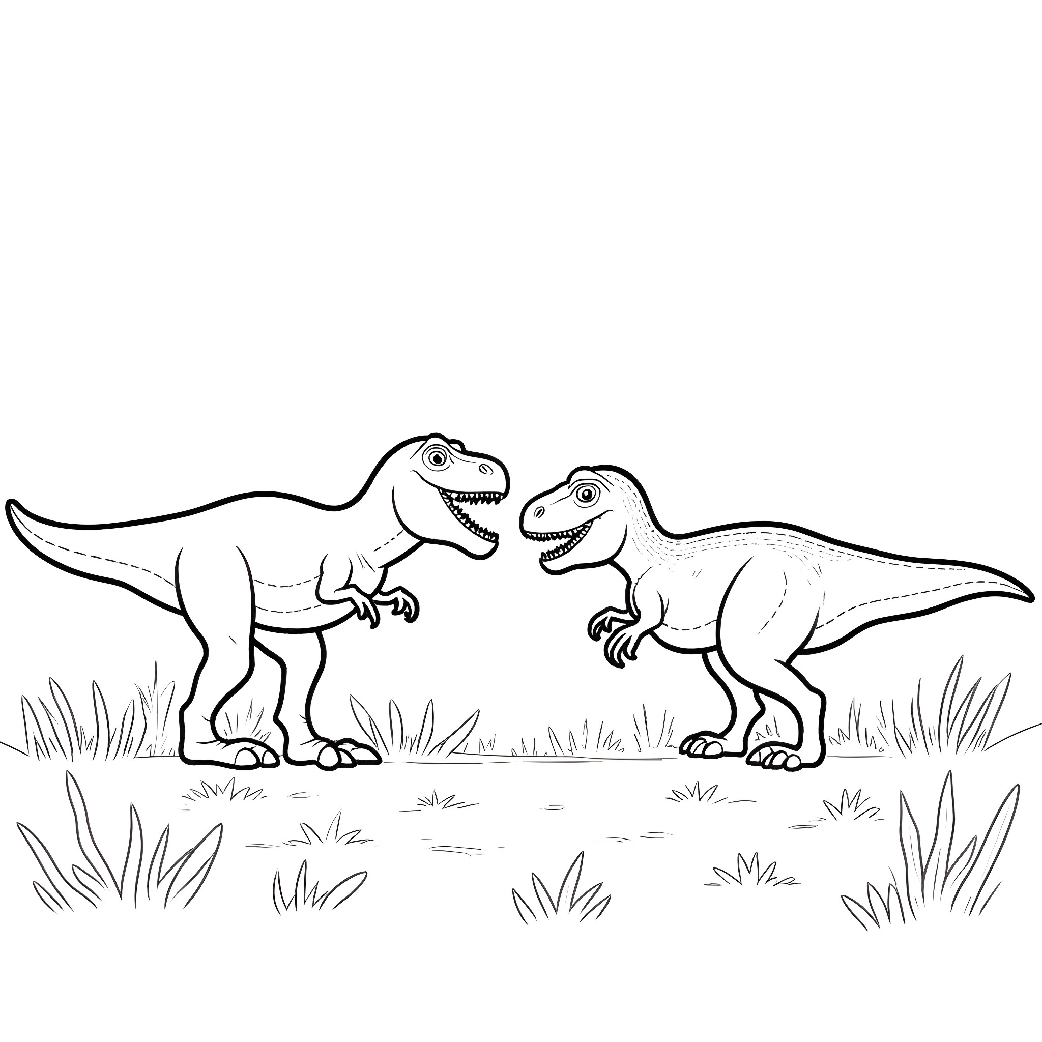 T-Rex Dinosaurs Roaming in the Grasslands Coloring Page (free black-and-white line drawing printable PDF for all, from beginners to advanced learners, including children, teens, adults, and seniors)