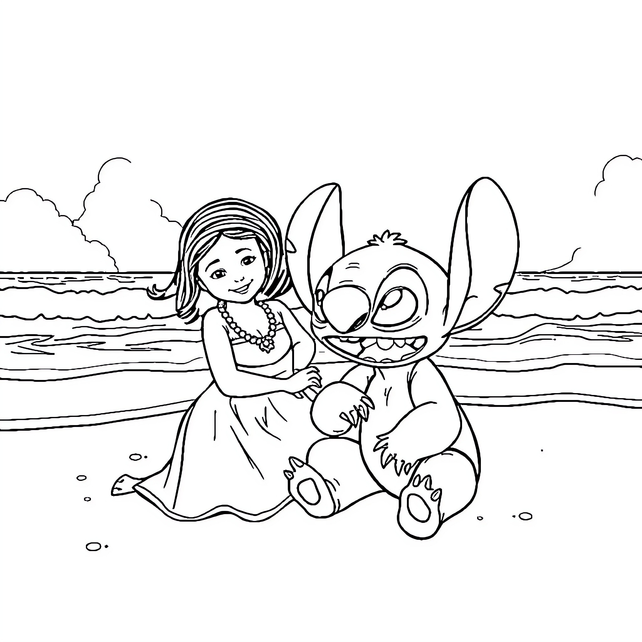 Lilo And Stitch play together on the beach Coloring Page (free black-and-white line drawing printable PDF for all, from beginners to advanced learners, including children, teens, adults, and seniors)