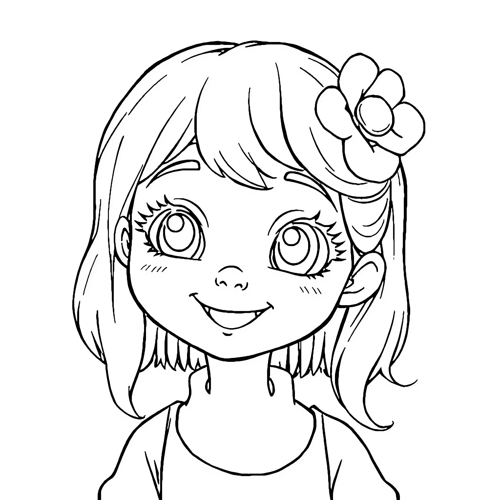 Aumay Girl with Flower Headband and Cheerful Expression Coloring Page (free black-and-white line drawing printable PDF for all, from beginners to advanced learners, including children, teens, adults, and seniors)