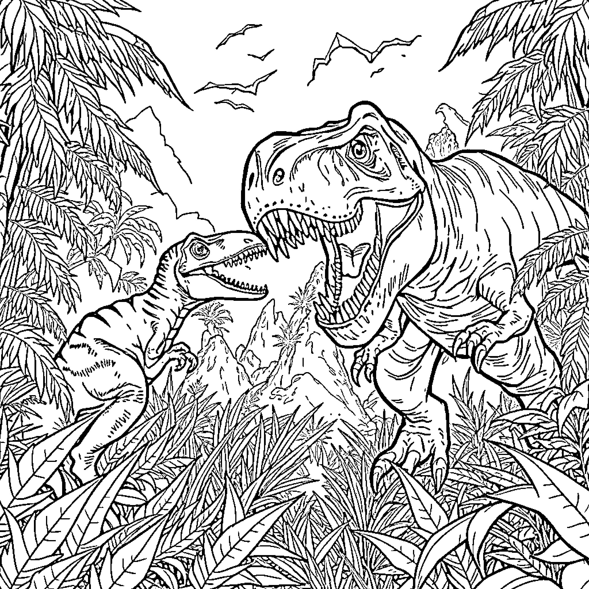 Velociraptor Hunting in Prehistoric Jungle Coloring Page (free black-and-white line drawing printable PDF for all, from beginners to advanced learners, including children, teens, adults, and seniors)
