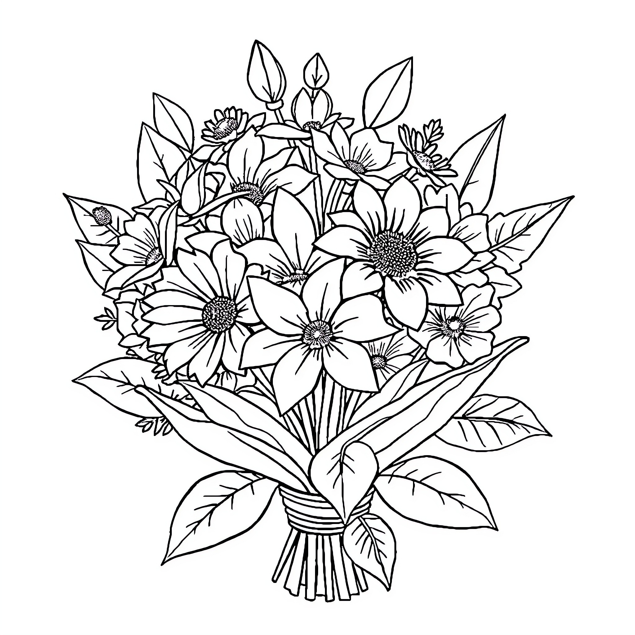 Flower bouquet with various blooms Coloring Page (free black-and-white line drawing printable PDF for all, from beginners to advanced learners, including children, teens, adults, and seniors)