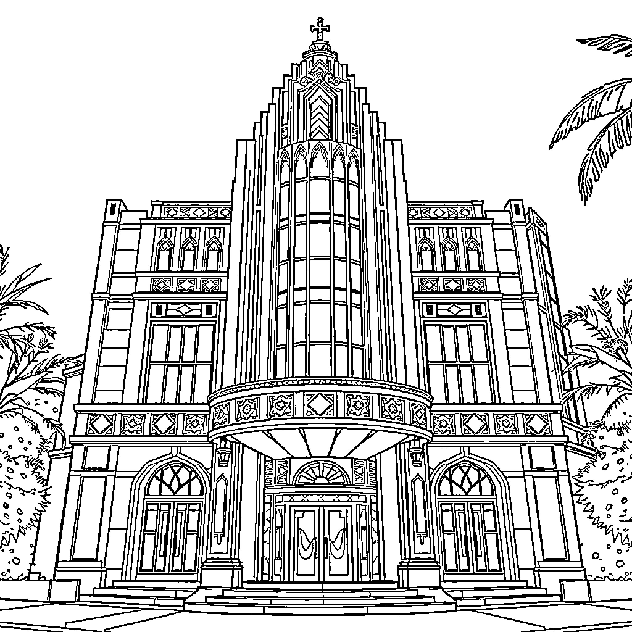 Art Deco Architectural Masterpiece with Ornate Details Coloring Page (free black-and-white line drawing printable PDF for all, from beginners to advanced learners, including children, teens, adults, and seniors)