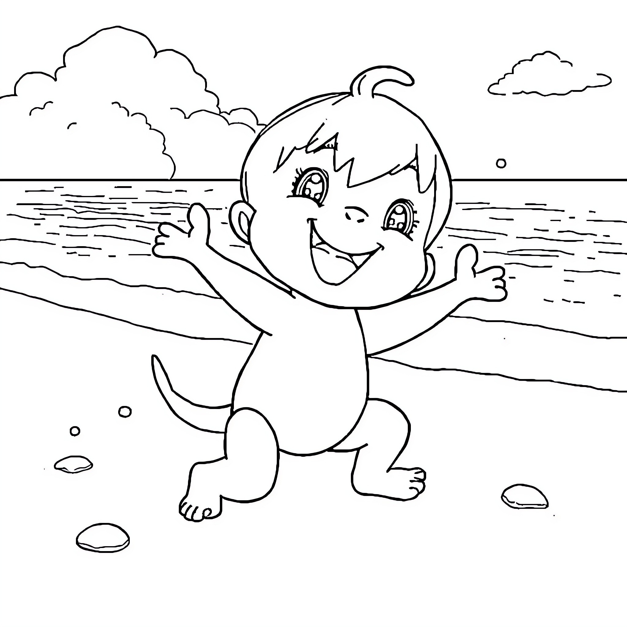 Labubu Joyfully Splashing in the Waves Coloring Page (free black-and-white line drawing printable PDF for all, from beginners to advanced learners, including children, teens, adults, and seniors)