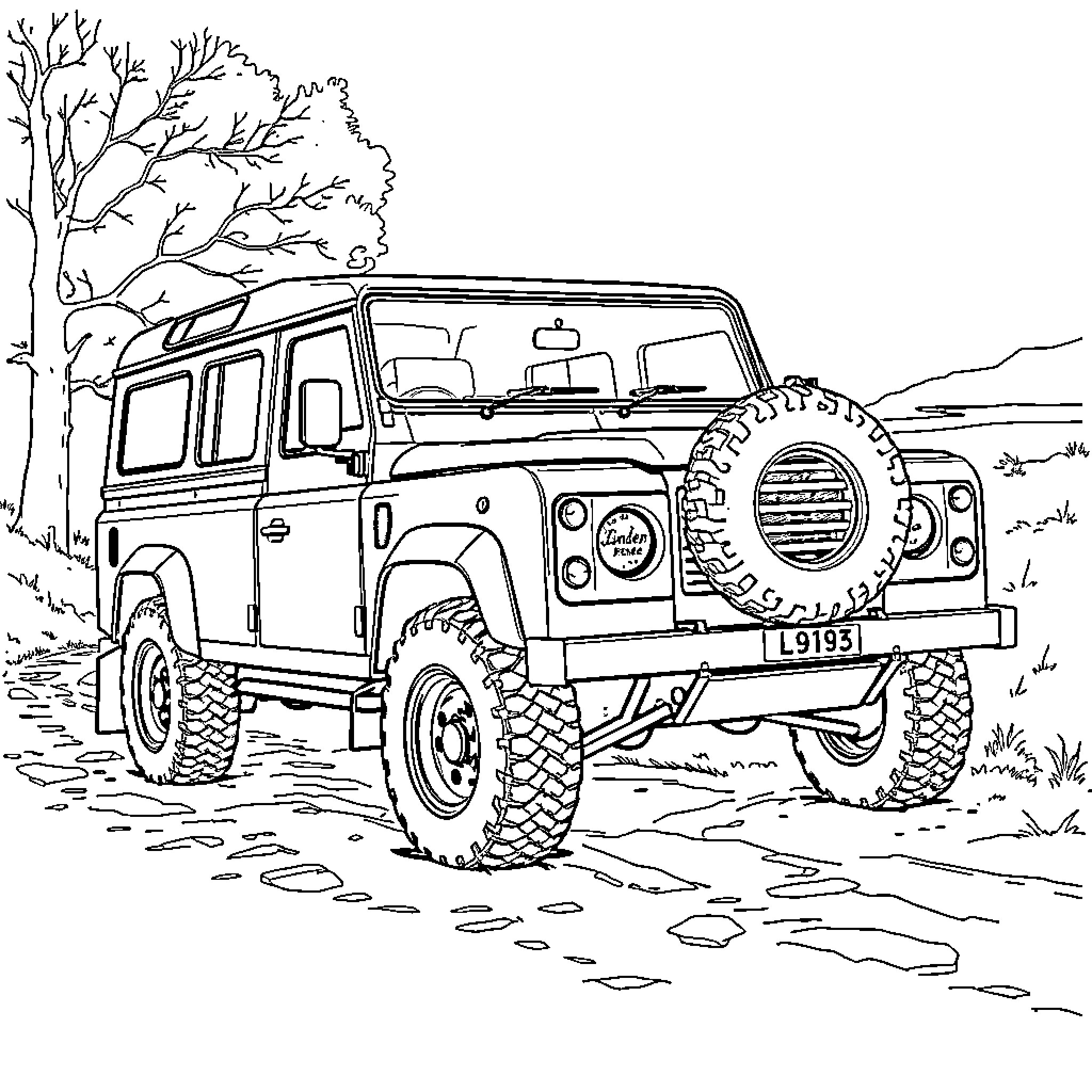 Land Rover Exploring Off-Road Terrain Coloring Page (free black-and-white line drawing printable PDF for all, from beginners to advanced learners, including children, teens, adults, and seniors)