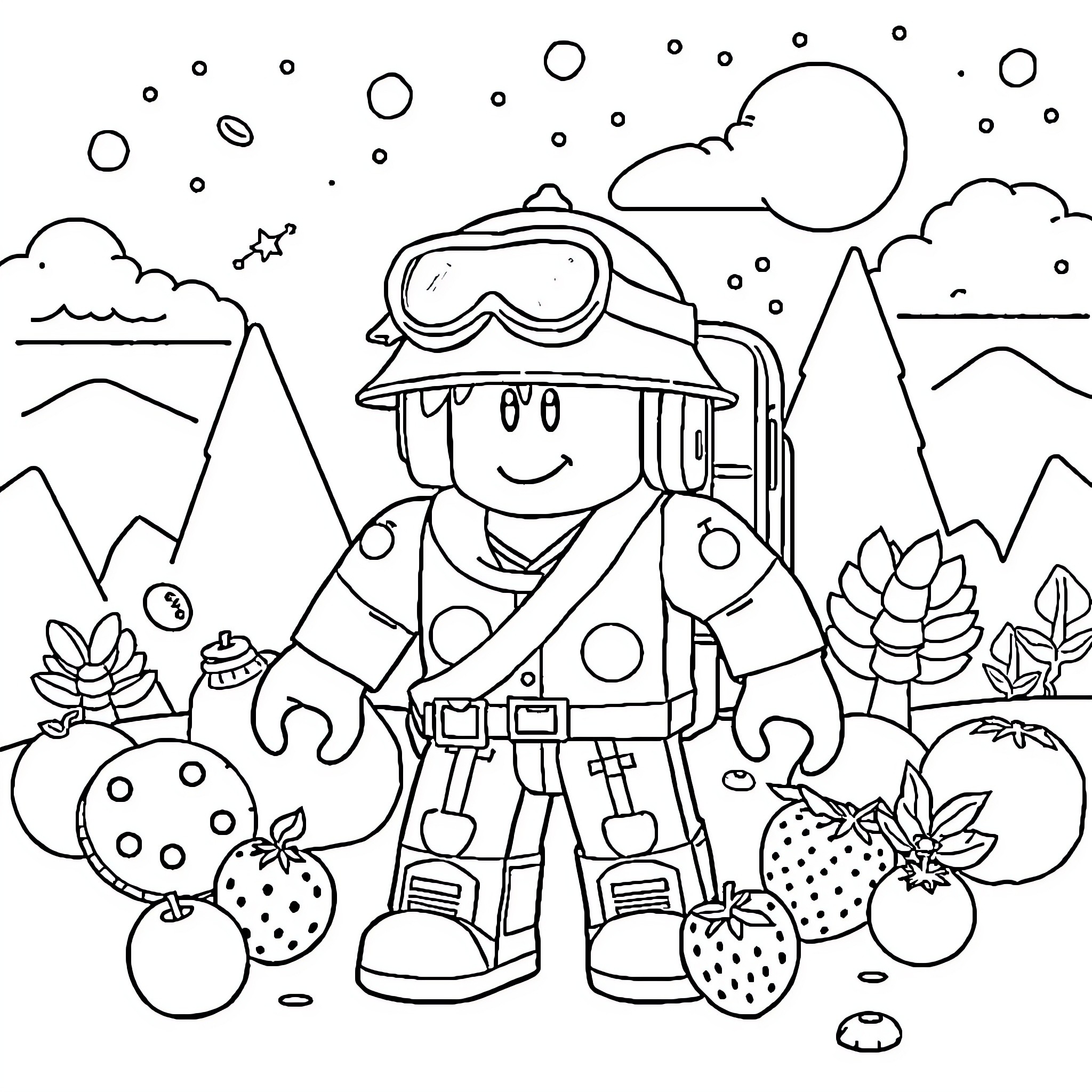 Roblox Character Exploring a Winter Wonderland Coloring Page (free black-and-white line drawing printable PDF for all, from beginners to advanced learners, including children, teens, adults, and seniors)