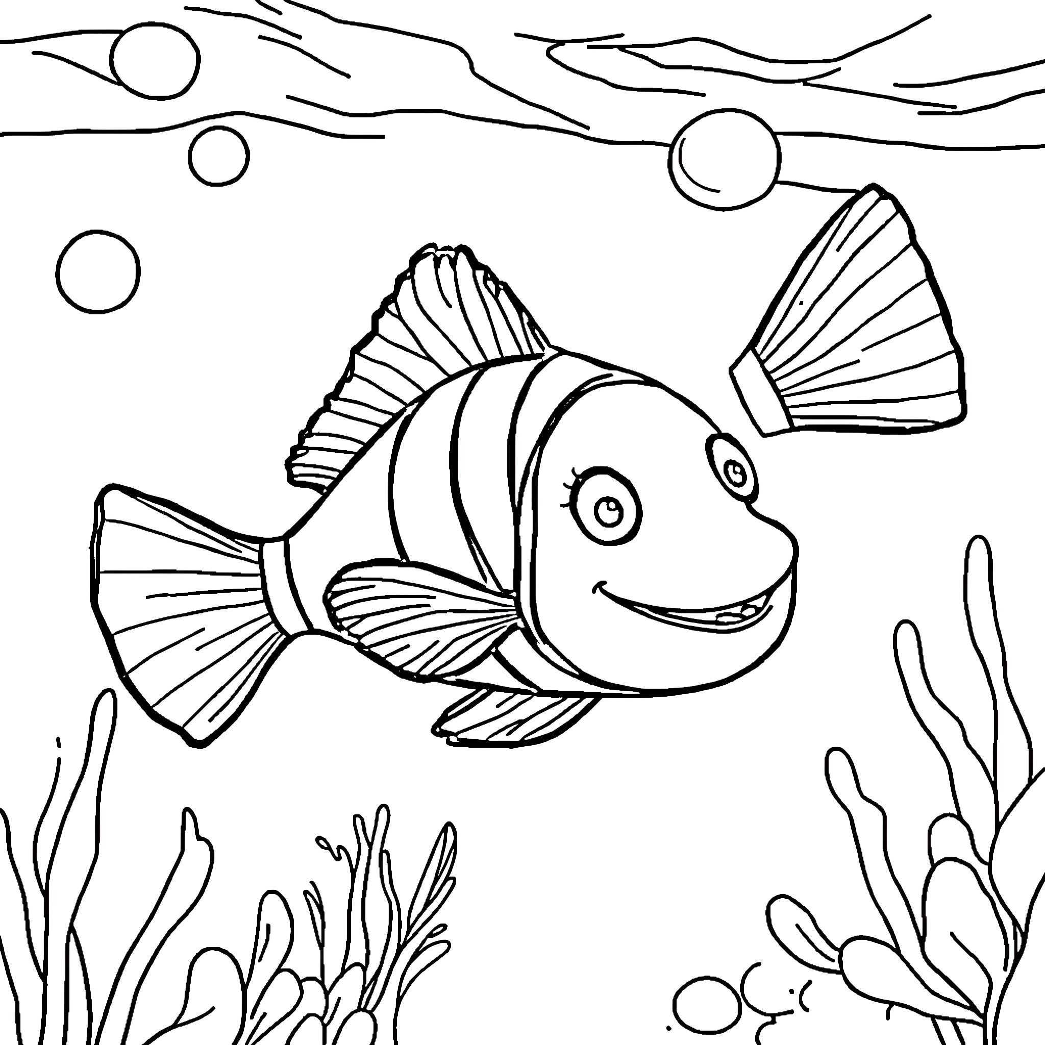 Will Imagine a Friendly Fish Swimming in the Sea Coloring Page (free black-and-white line drawing printable PDF for all, from beginners to advanced learners, including children, teens, adults, and seniors)