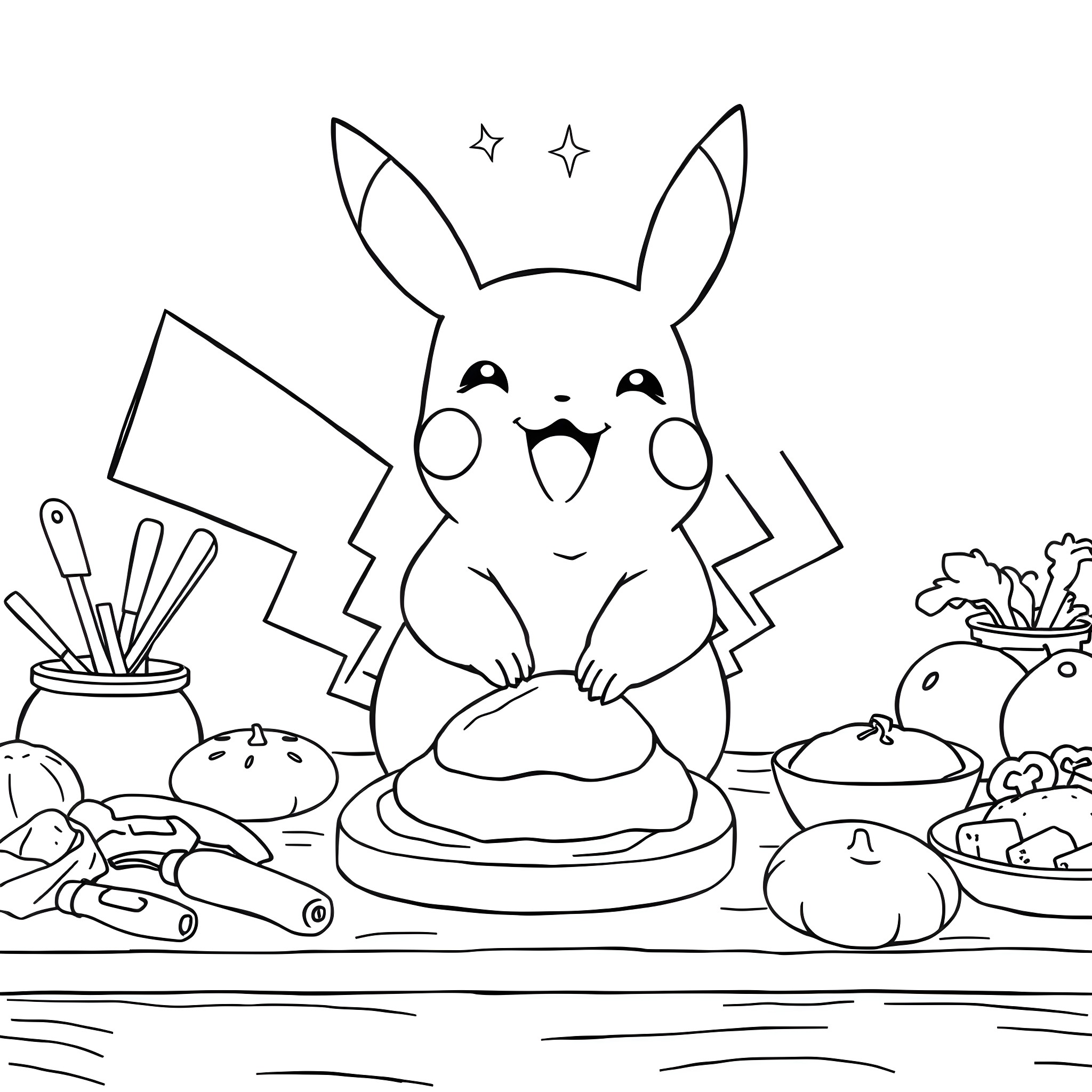 Pikachu creating a colorful artwork Coloring Page (free black-and-white line drawing printable PDF for all, from beginners to advanced learners, including children, teens, adults, and seniors)
