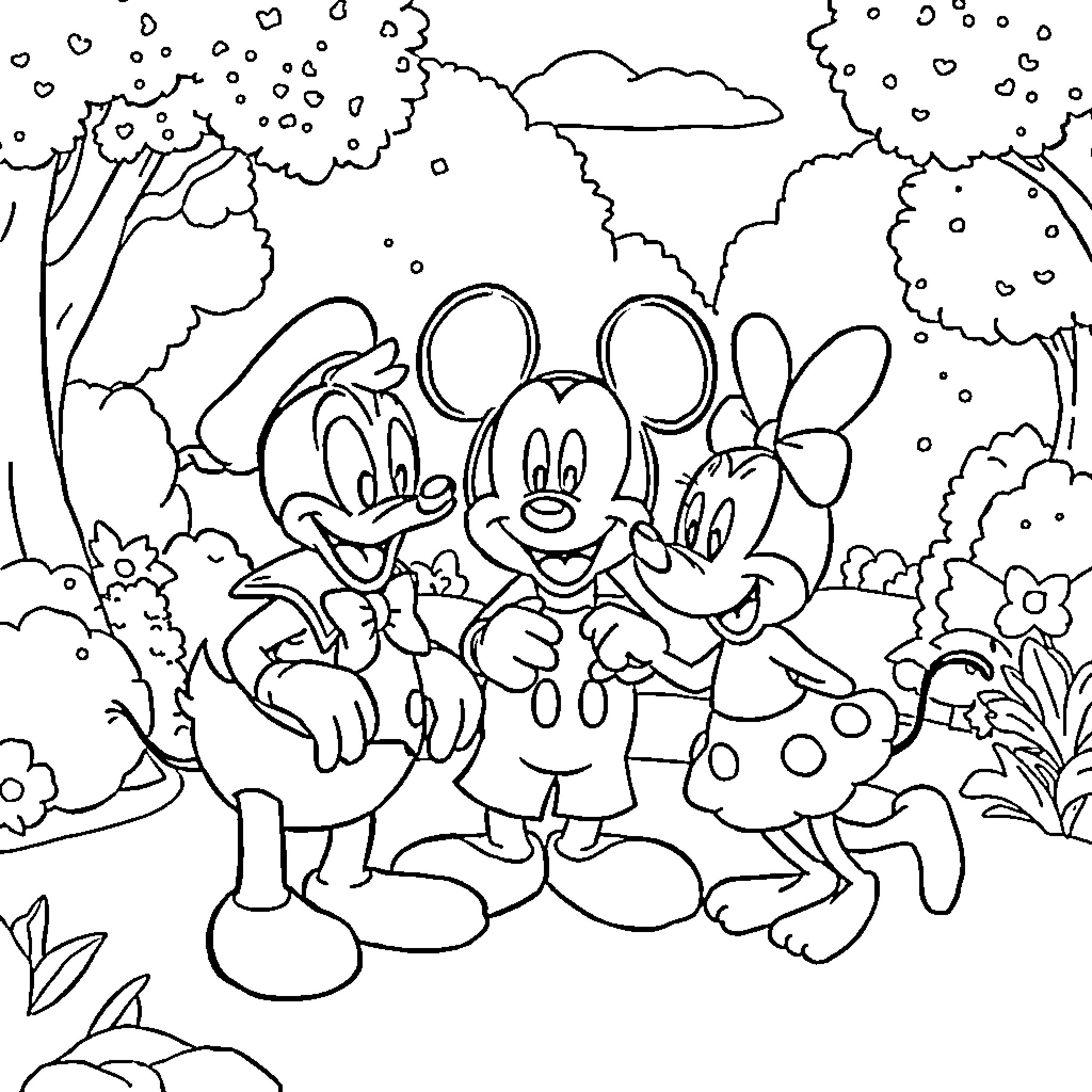 Donald Duck and friends exploring the outdoors Coloring Page (free black-and-white line drawing printable PDF for all, from beginners to advanced learners, including children, teens, adults, and seniors)