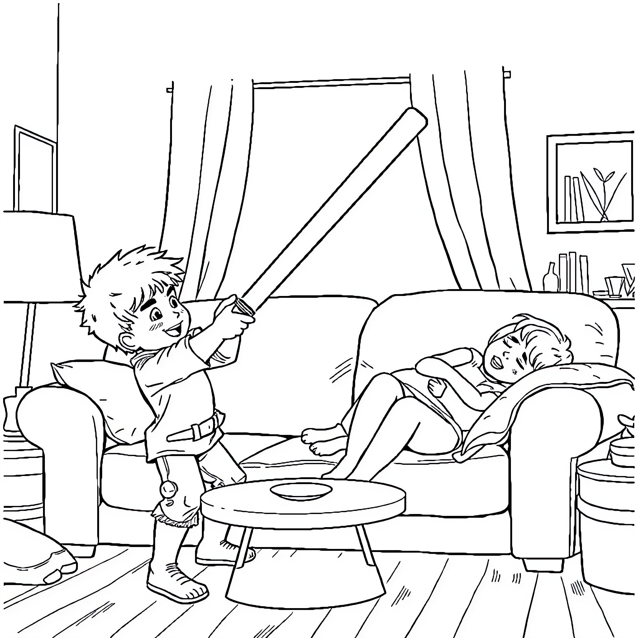 Bart playing pretend swords with brother in bedroom Coloring Page (free black-and-white line drawing printable PDF for all, from beginners to advanced learners, including children, teens, adults, and seniors)