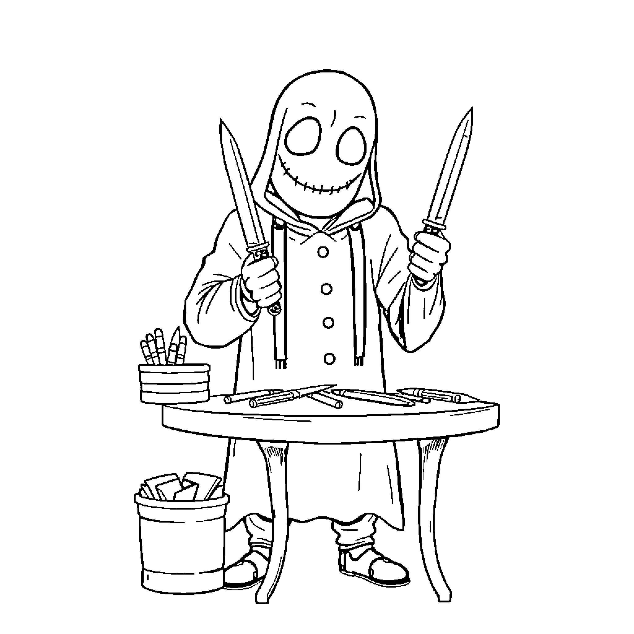 Ghostface creating terrifying art with sharp tools Coloring Page (free black-and-white line drawing printable PDF for all, from beginners to advanced learners, including children, teens, adults, and seniors)