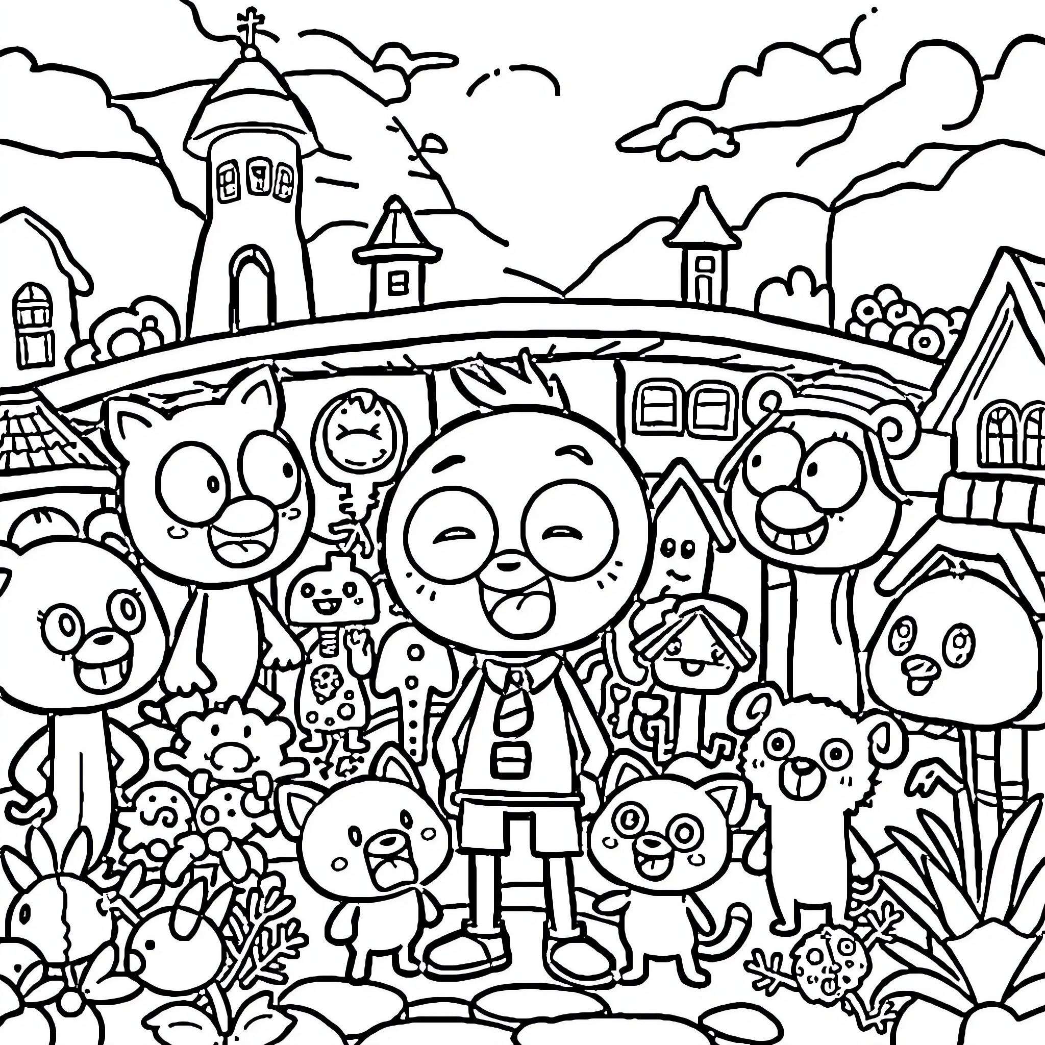 Gumball Characters in a Whimsical Town Coloring Page (free black-and-white line drawing printable PDF for all, from beginners to advanced learners, including children, teens, adults, and seniors)