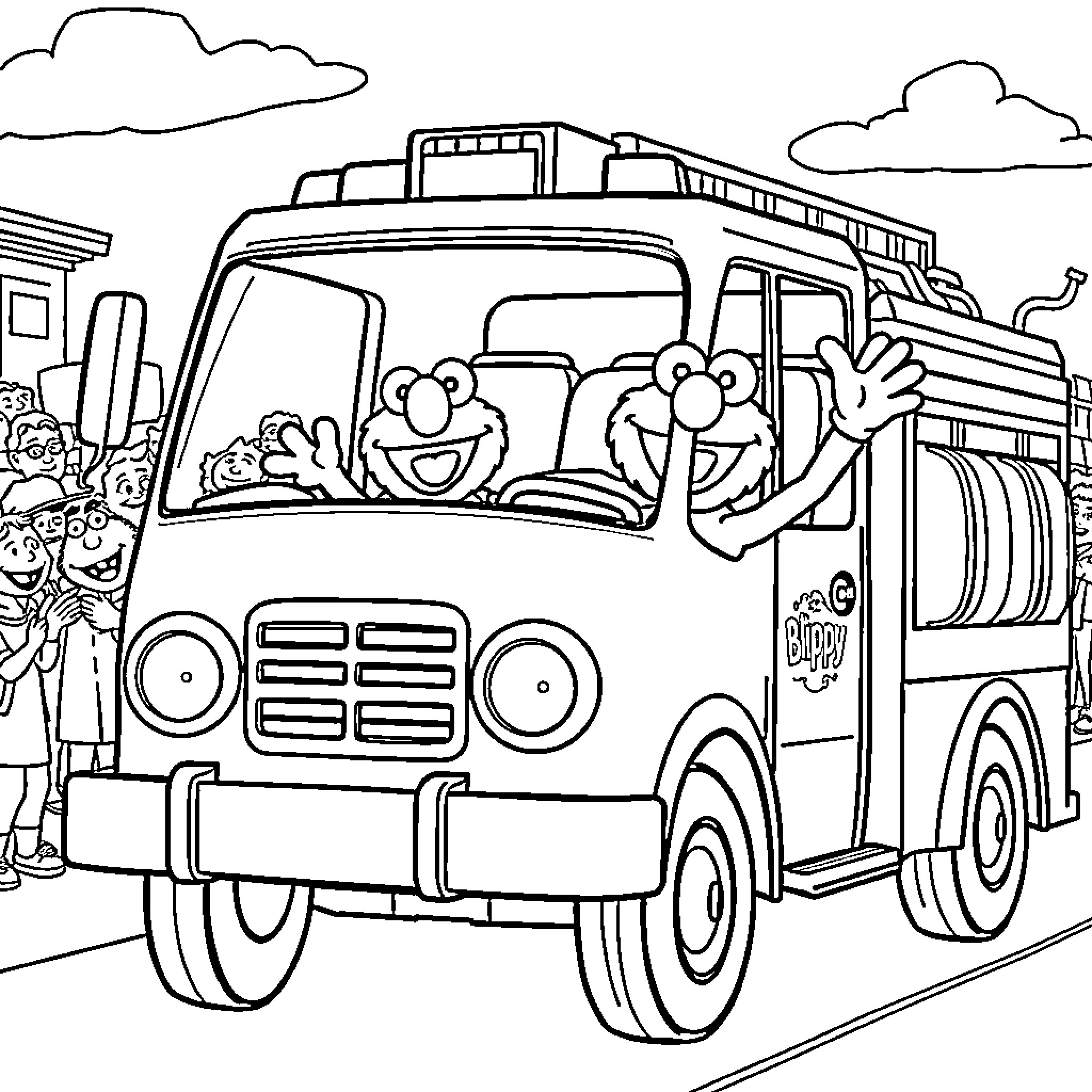 Fire Truck with Friendly Characters Waving Coloring Page (free black-and-white line drawing printable PDF for all, from beginners to advanced learners, including children, teens, adults, and seniors)