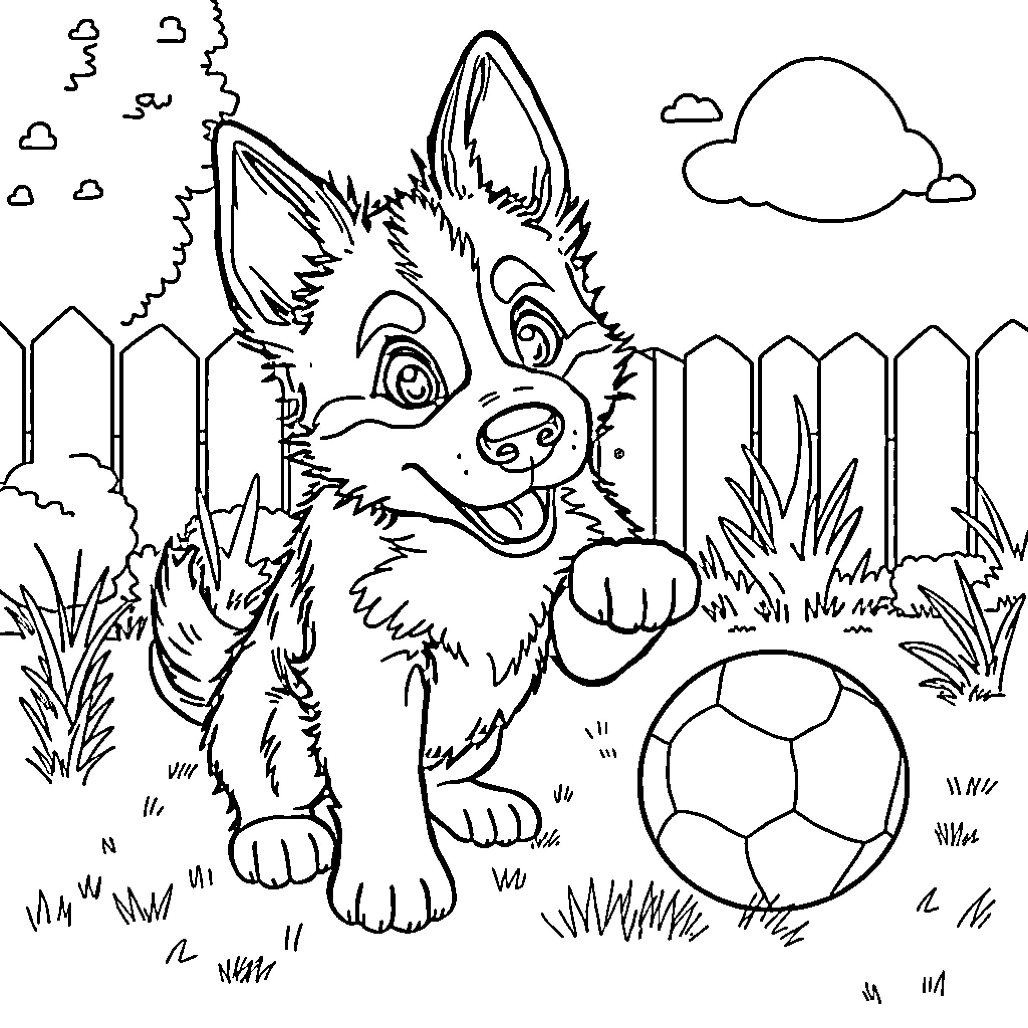 Bluey puppy playing happily with a ball in a garden Coloring Page (free black-and-white line drawing printable PDF for all, from beginners to advanced learners, including children, teens, adults, and seniors)