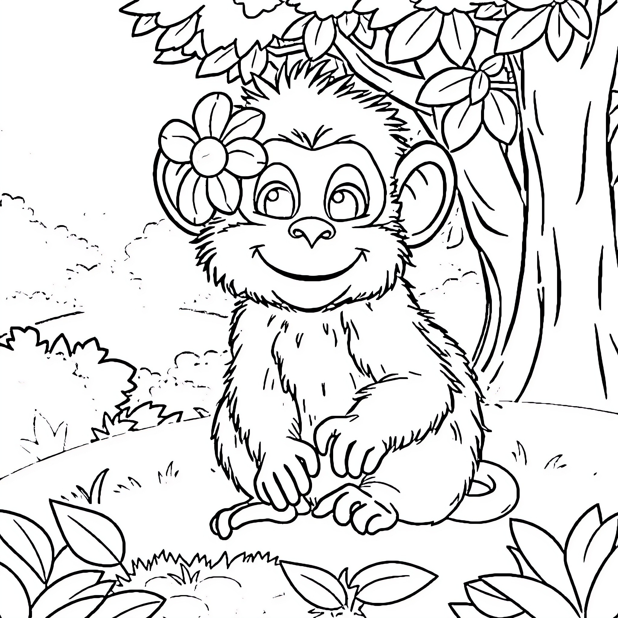 Monkey with flowery crown in enchanted forest Coloring Page (free black-and-white line drawing printable PDF for all, from beginners to advanced learners, including children, teens, adults, and seniors)