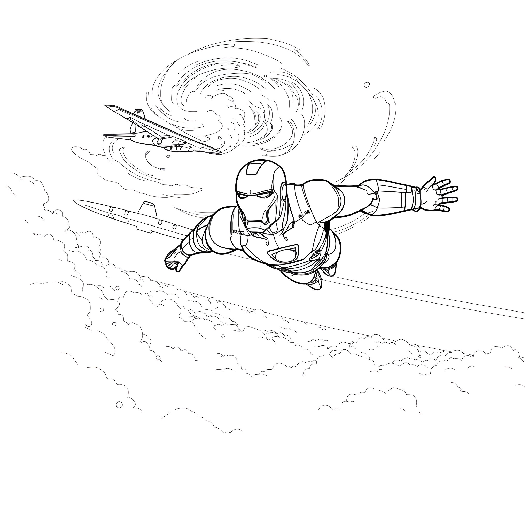 Iron Man soaring through the skies Coloring Page (free black-and-white line drawing printable PDF for all, from beginners to advanced learners, including children, teens, adults, and seniors)