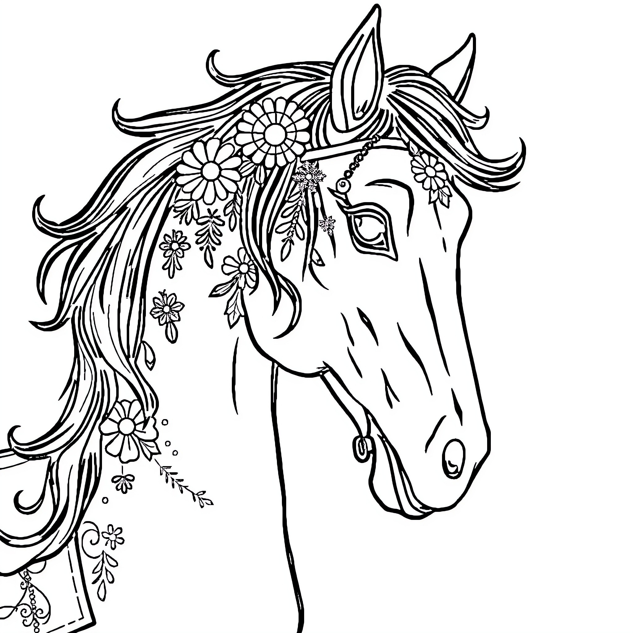 Gypsy Vanner Horse with Floral Adornments Coloring Page (free black-and-white line drawing printable PDF for all, from beginners to advanced learners, including children, teens, adults, and seniors)