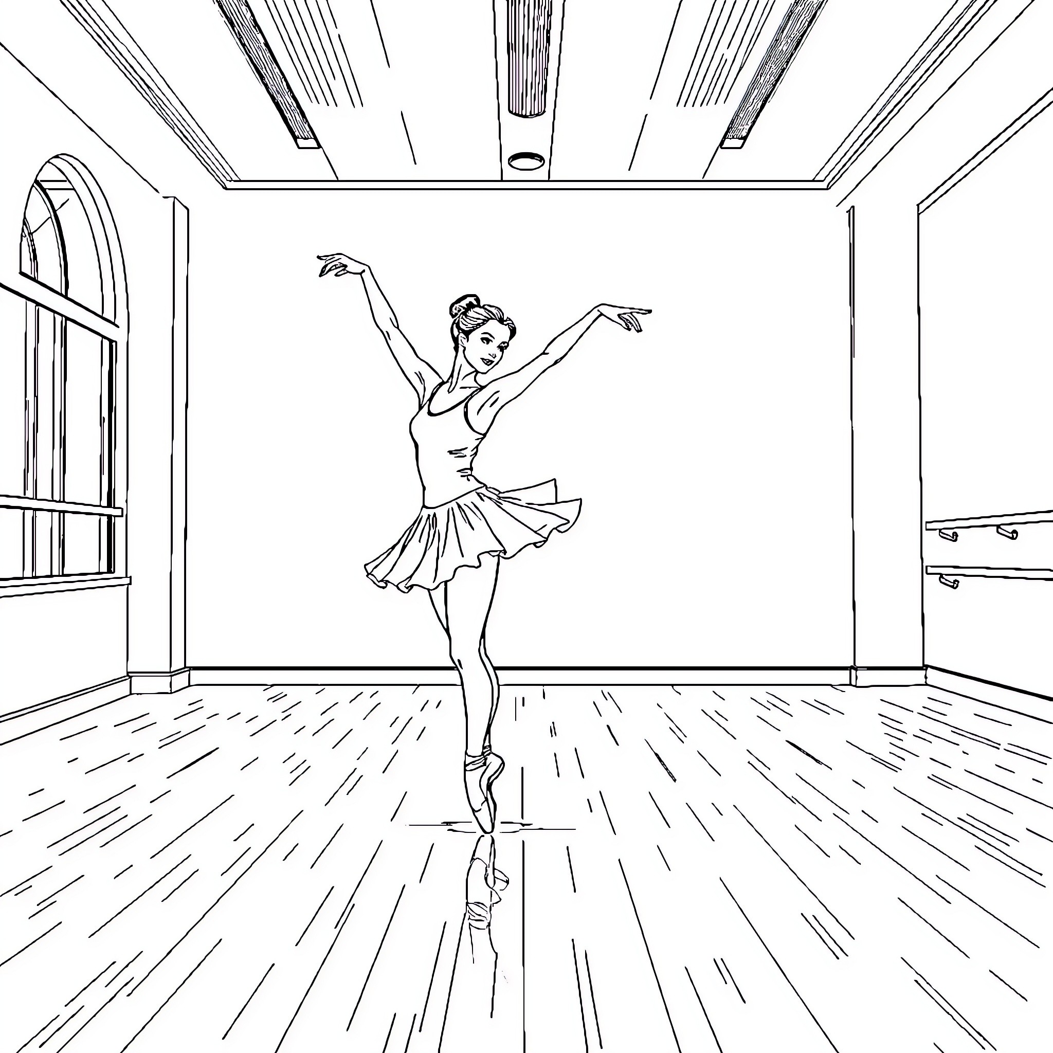 Ballet Dancer Gracefully Performing in a Studio Coloring Page (free black-and-white line drawing printable PDF for all, from beginners to advanced learners, including children, teens, adults, and seniors)
