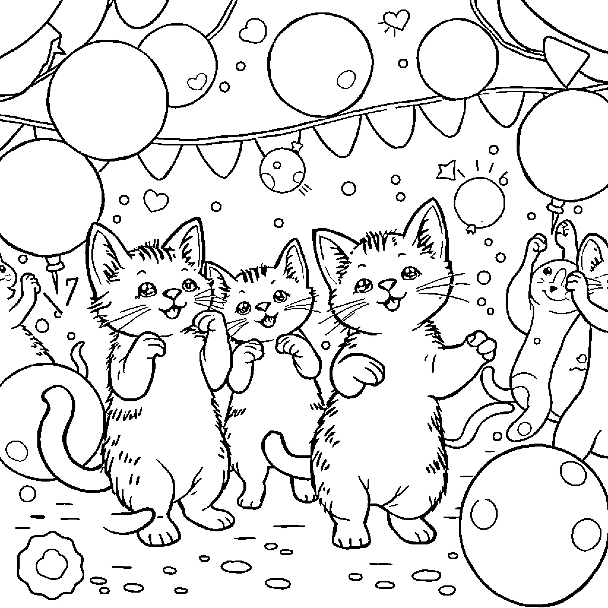 Kittens playing with balloons and stars Coloring Page (free black-and-white line drawing printable PDF for all, from beginners to advanced learners, including children, teens, adults, and seniors)
