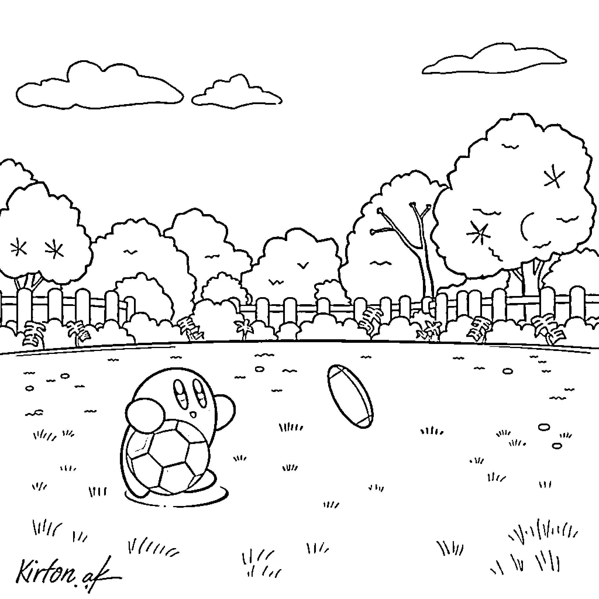 Kirby playing with sports equipment in a park Coloring Page (free black-and-white line drawing printable PDF for all, from beginners to advanced learners, including children, teens, adults, and seniors)