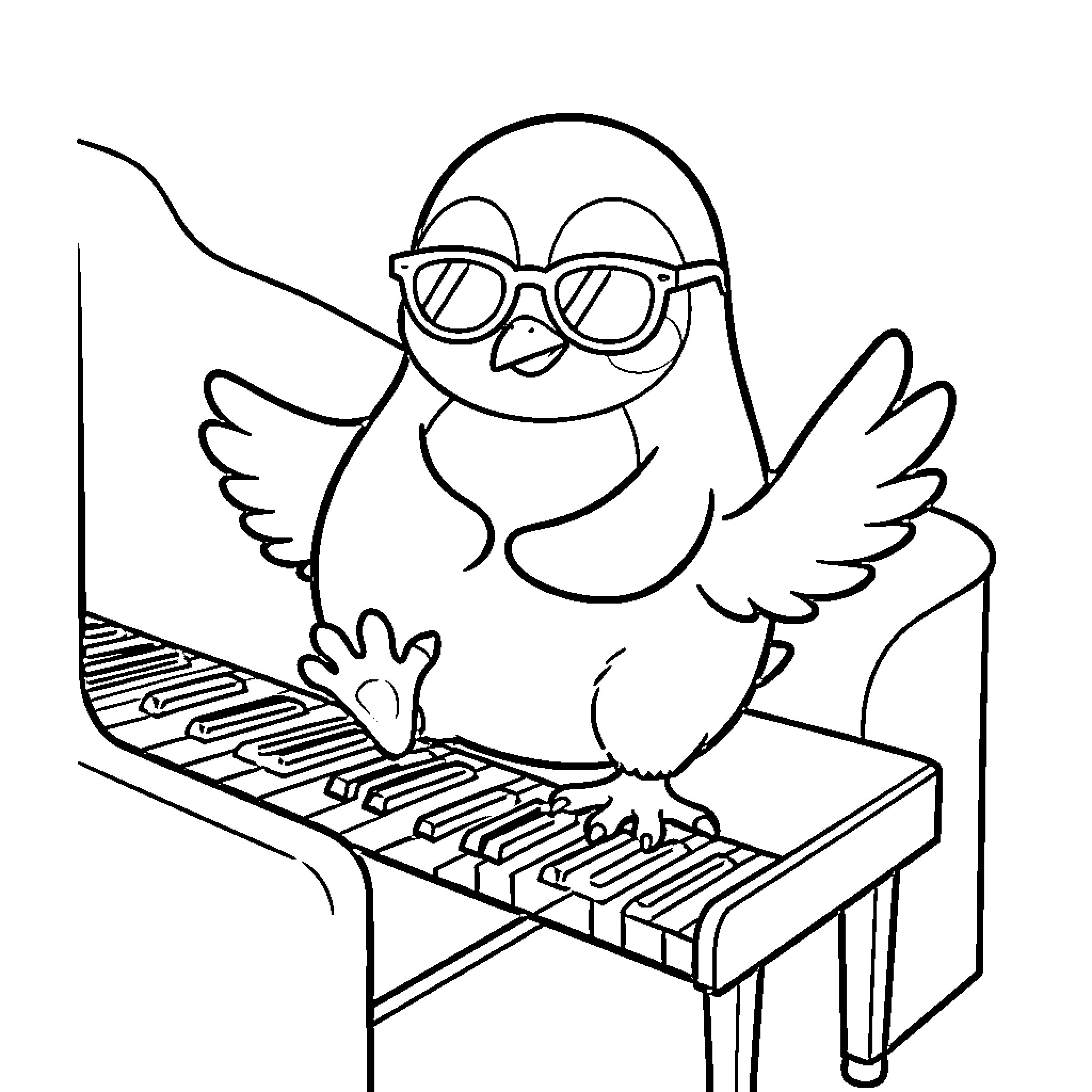 Pingüino wearing sunglasses and playing the piano Coloring Page (free black-and-white line drawing printable PDF for all, from beginners to advanced learners, including children, teens, adults, and seniors)