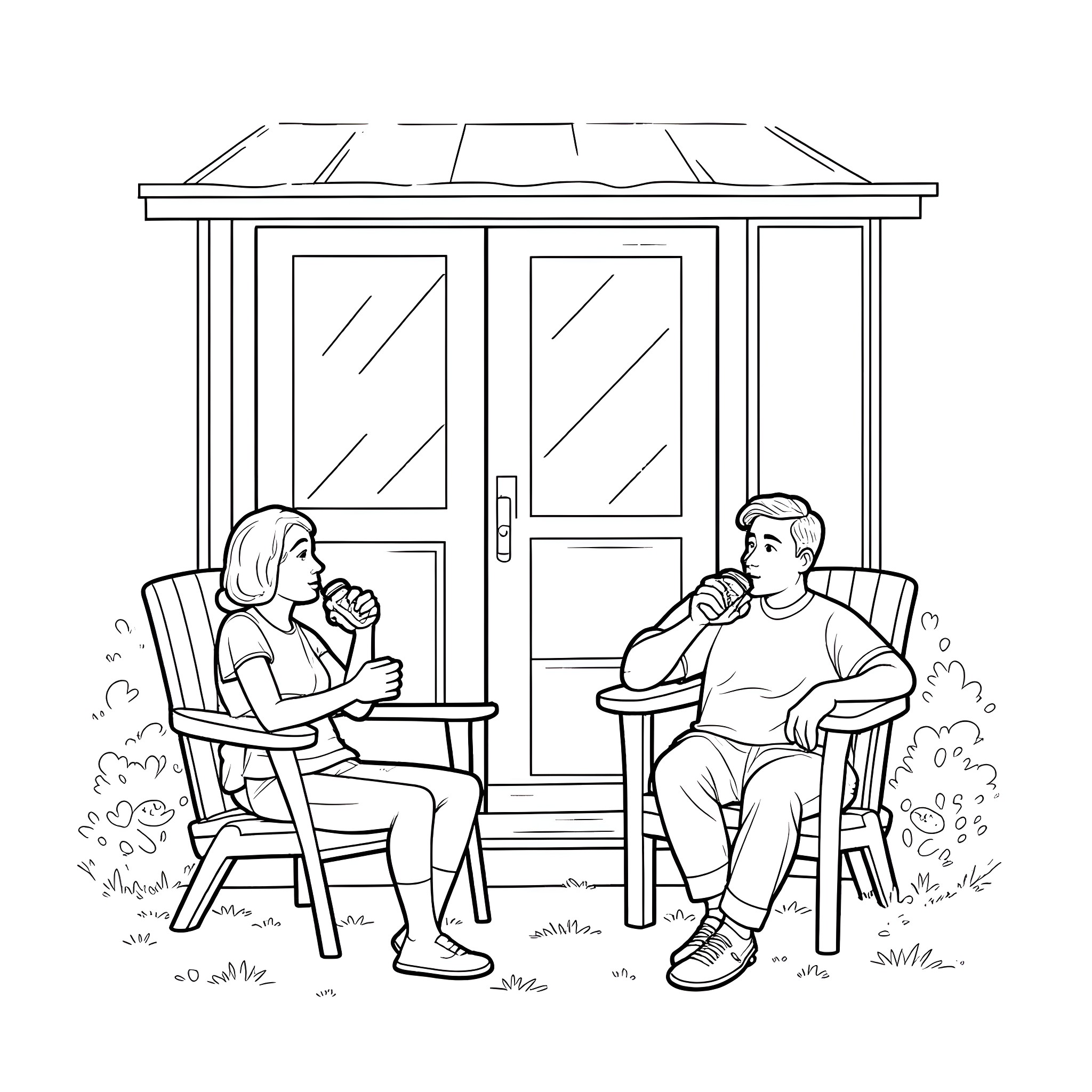 Neighbor couple enjoying a casual conversation on the porch Coloring Page (free black-and-white line drawing printable PDF for all, from beginners to advanced learners, including children, teens, adults, and seniors)