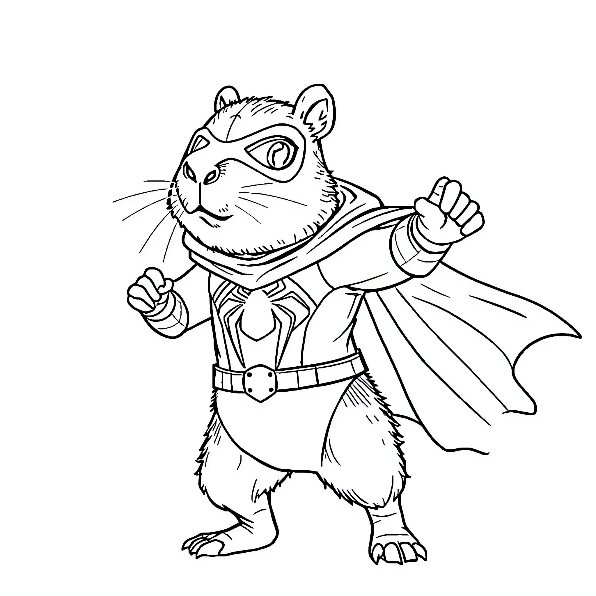Capybara superhero in action pose Coloring Page (free black-and-white line drawing printable PDF for all, from beginners to advanced learners, including children, teens, adults, and seniors)