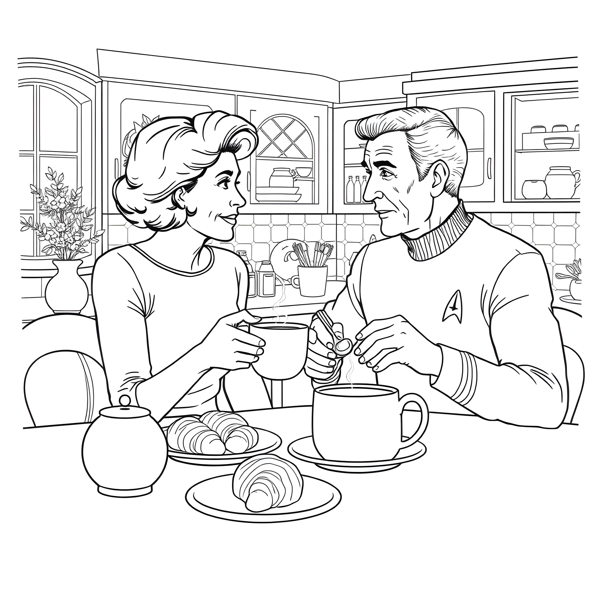 Beverly Crusher and Jean-Luc Picard enjoying tea and conversation Coloring Page (free black-and-white line drawing printable PDF for all, from beginners to advanced learners, including children, teens, adults, and seniors)