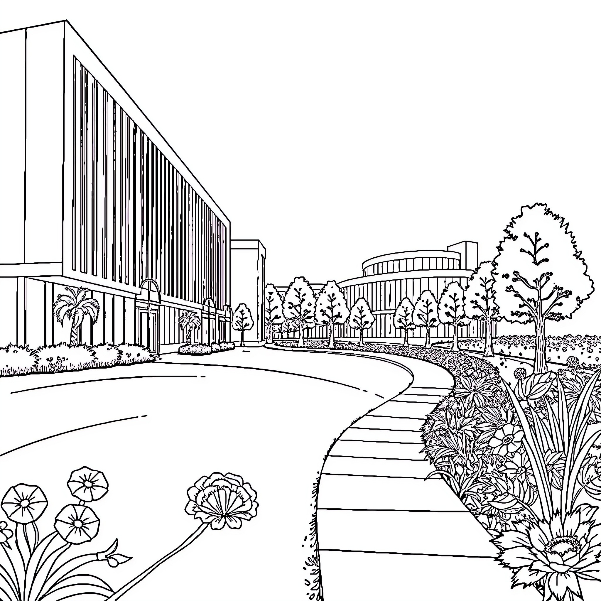 Architecture of modern urban landscape with flowers Coloring Page (free black-and-white line drawing printable PDF for all, from beginners to advanced learners, including children, teens, adults, and seniors)