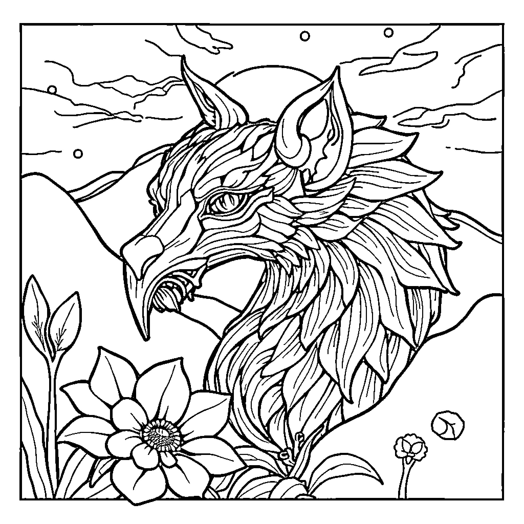 Bibi Netanyahu's Mythical Dragon Encounter Coloring Page (free black-and-white line drawing printable PDF for all, from beginners to advanced learners, including children, teens, adults, and seniors)
